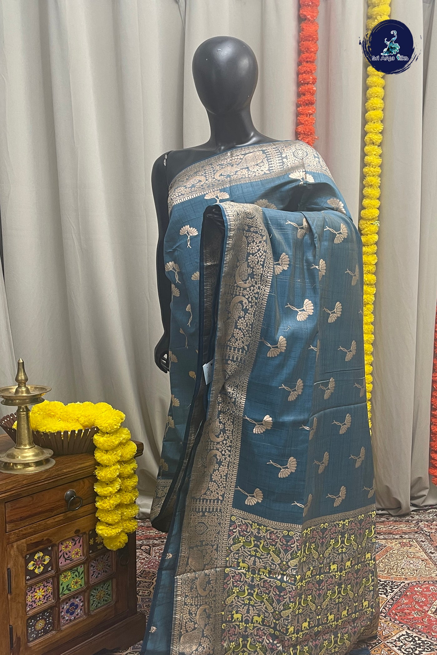 Blue Semi Tussar Saree With Zari Buttas Pattern