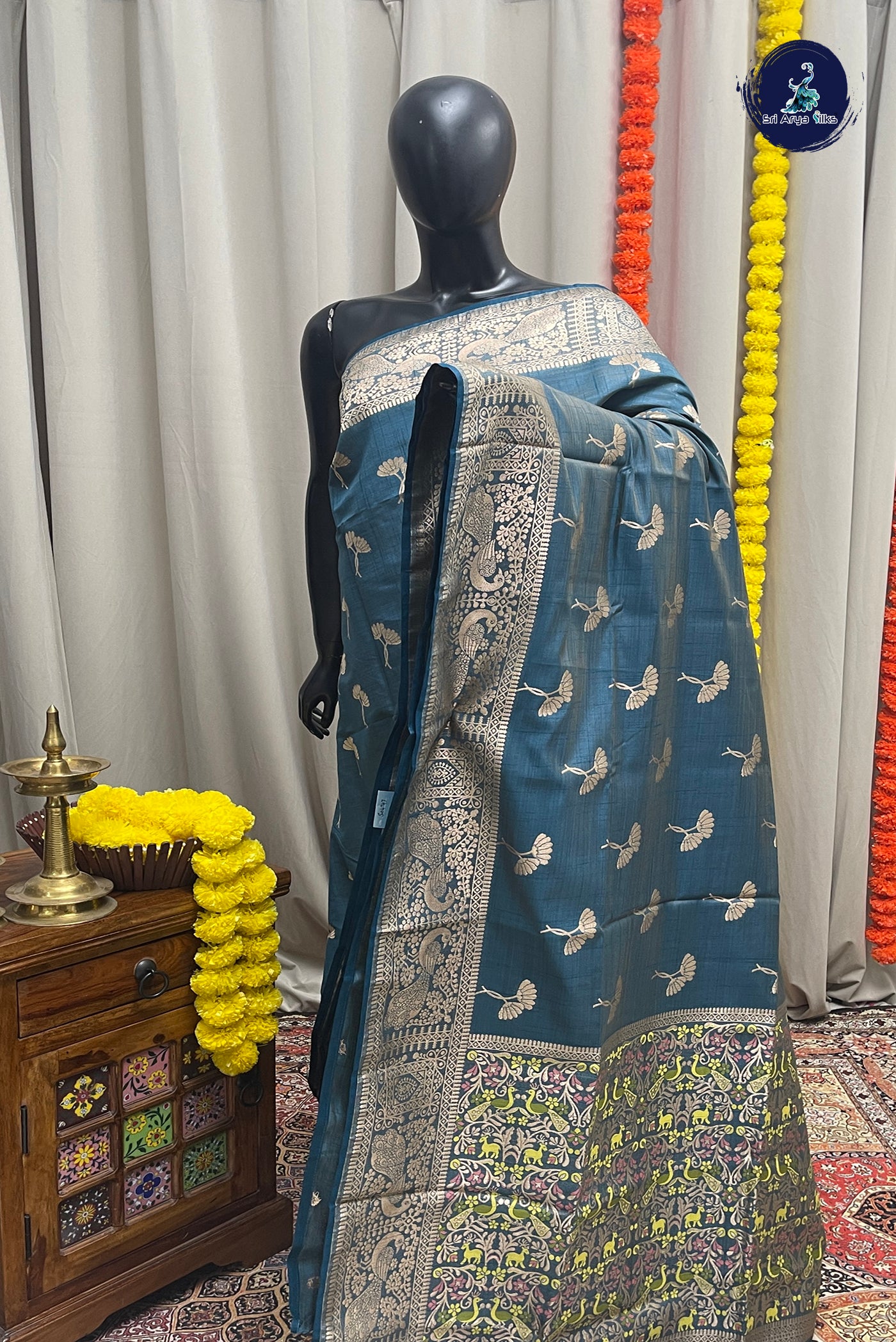 Blue Semi Tussar Saree With Zari Buttas Pattern