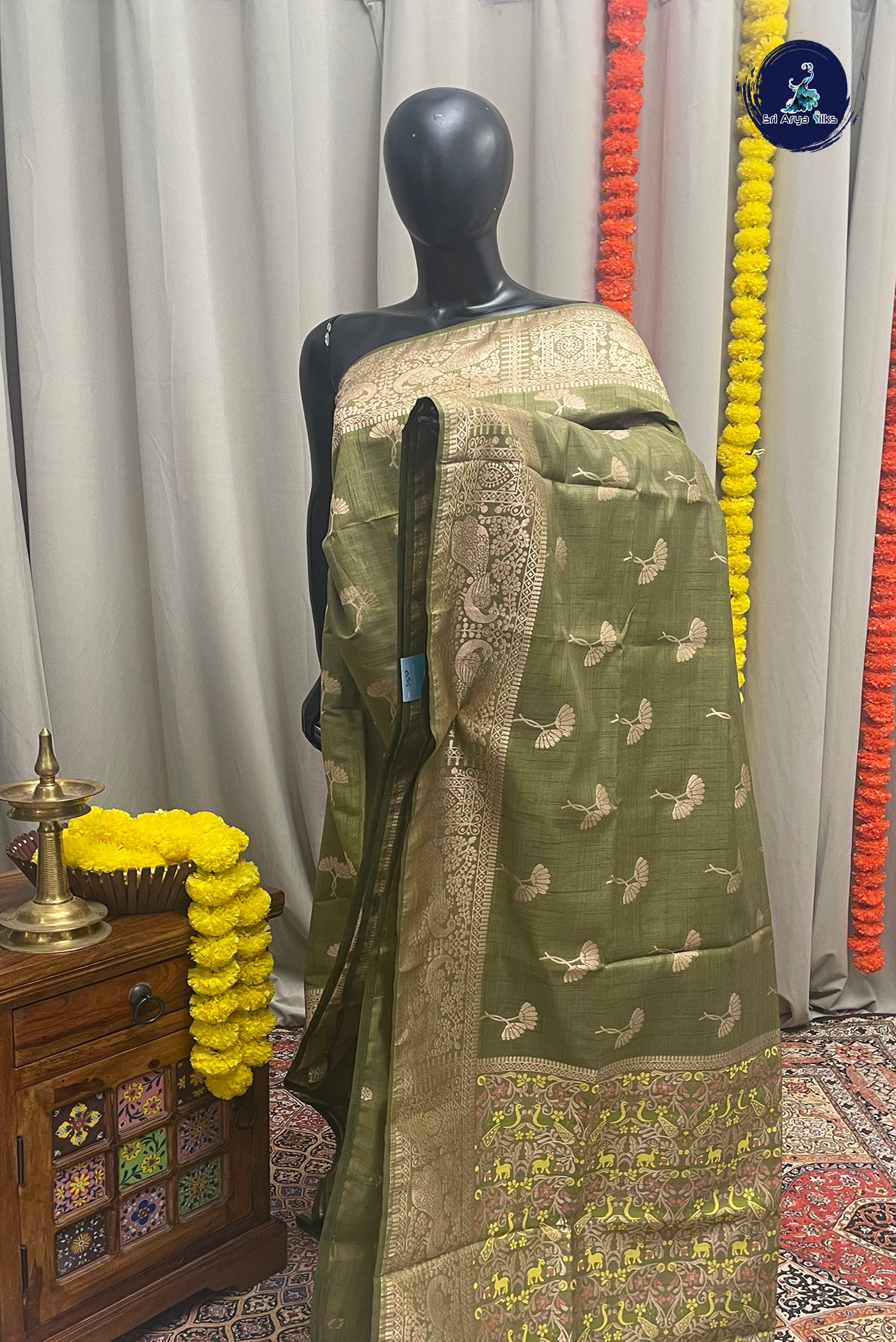 Green Semi Tussar Saree With Zari Buttas Pattern
