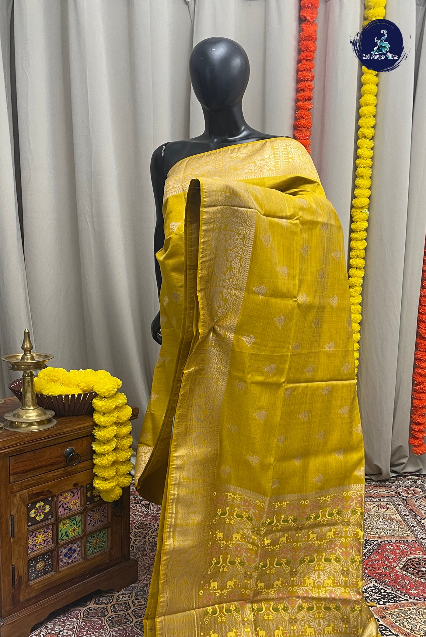 Yellow Semi Tussar Saree With Zari Buttas Pattern
