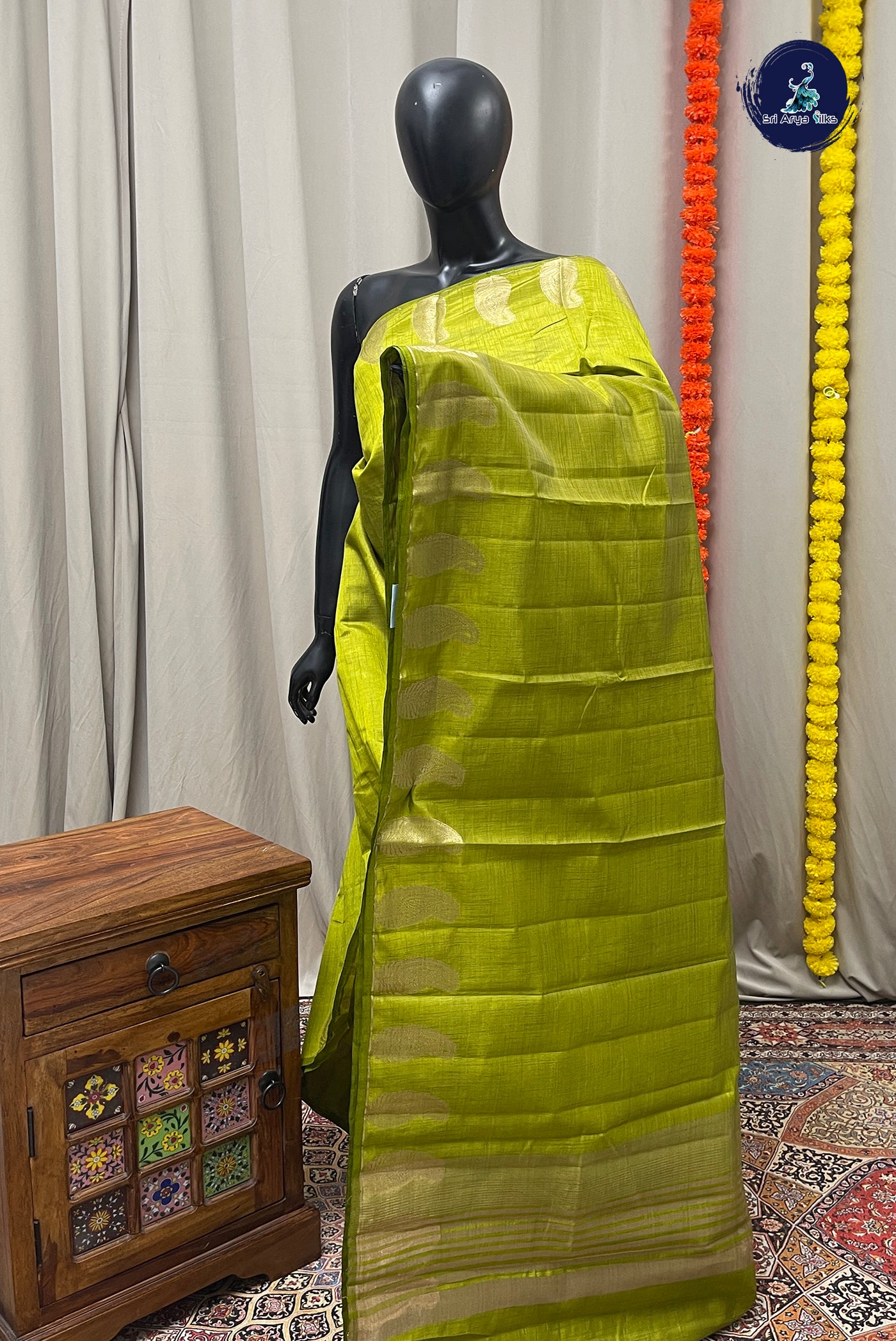 Lime Green Semi Tussar Saree With Zari Buttas Pattern