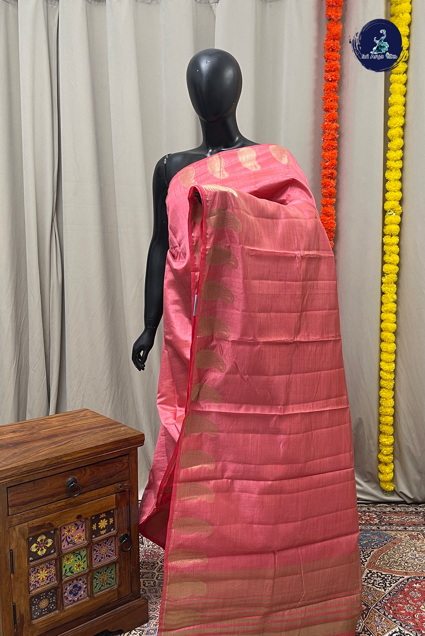Light Pink Semi Tussar Saree With Zari Buttas Pattern