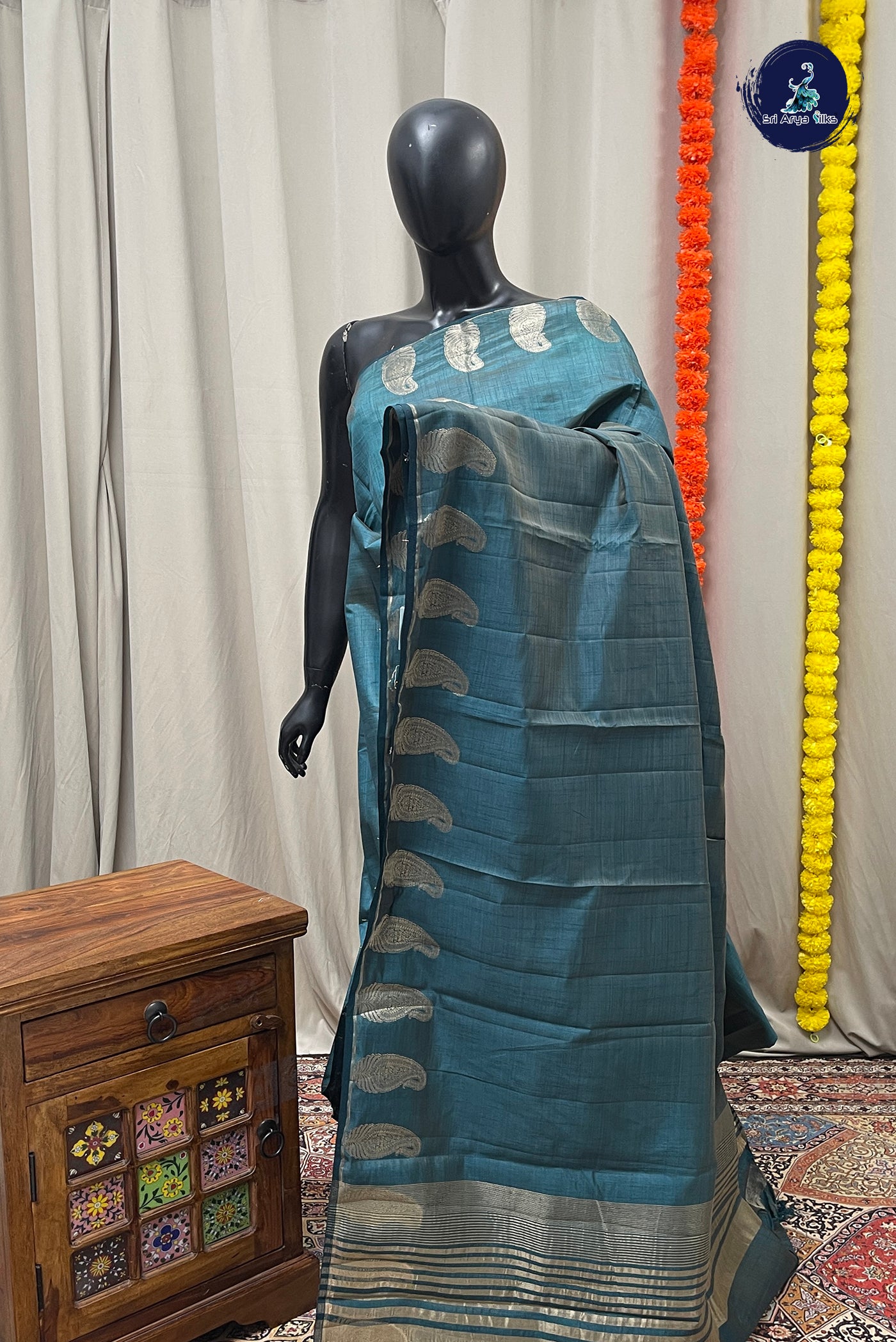 Green Semi Tussar Saree With Zari Buttas Pattern