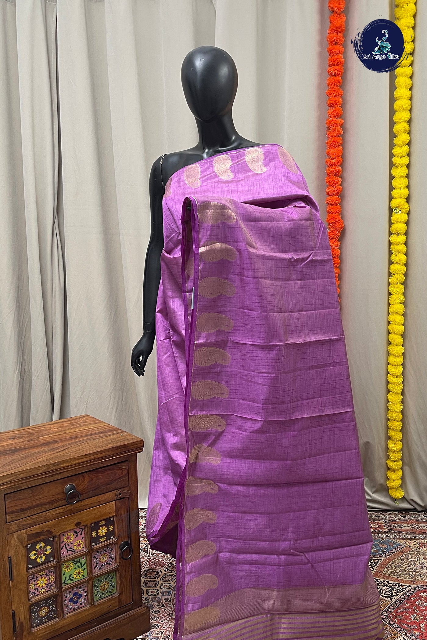 Lavender Semi Tussar Saree With Zari Buttas Pattern