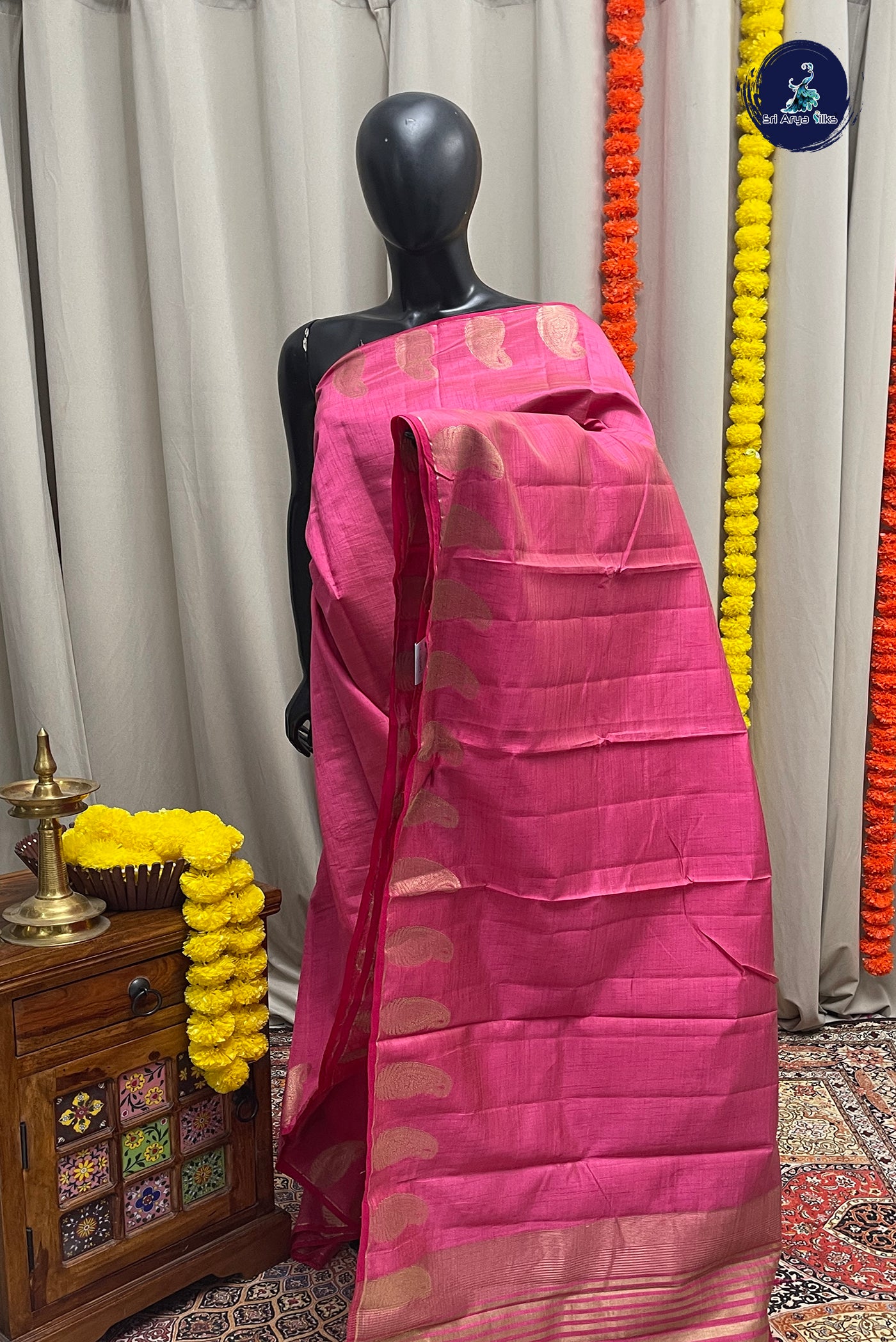 Pink Semi Tussar Saree With Zari Buttas Pattern