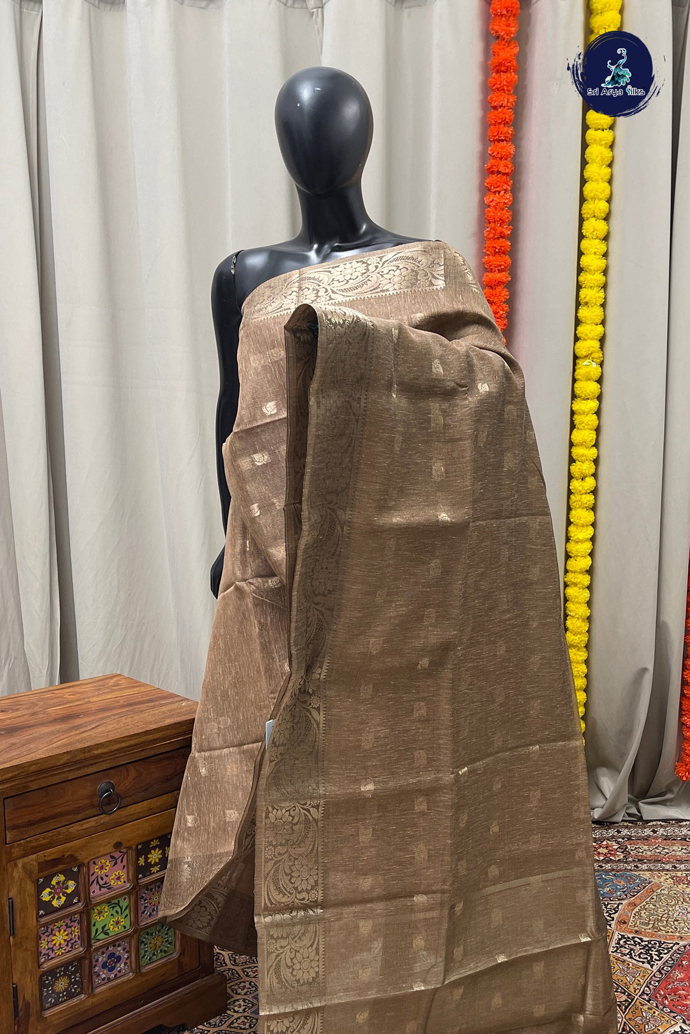 Light Brown Tissue Banarasi Saree With Zari Buttas Pattern
