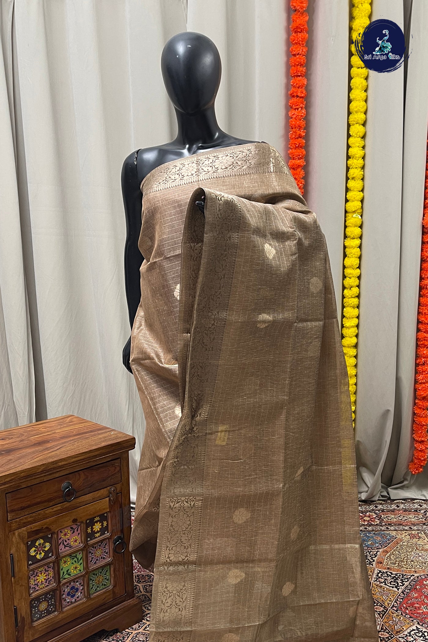 Light Brown Tissue Banarasi Saree With Zari Buttas Pattern