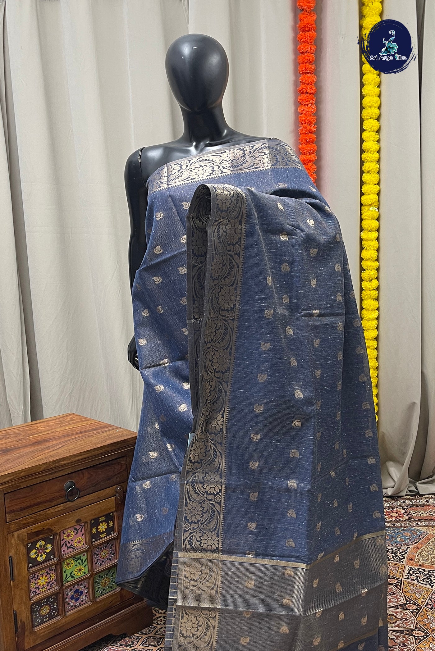 Dark Blue Tissue Banarasi Saree With Zari Buttas Pattern
