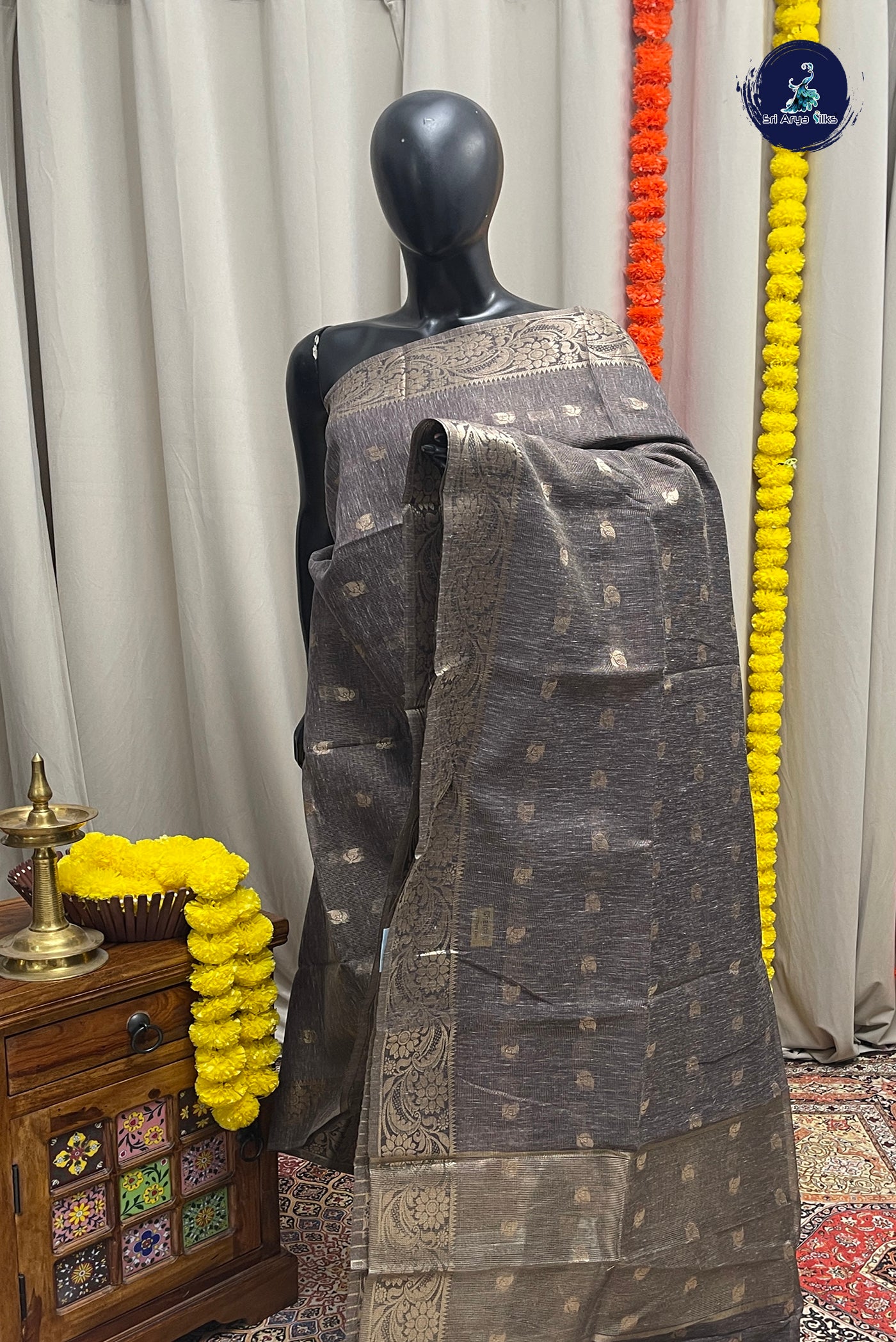Elephant Grey Tissue Banarasi Saree With Zari Buttas Pattern