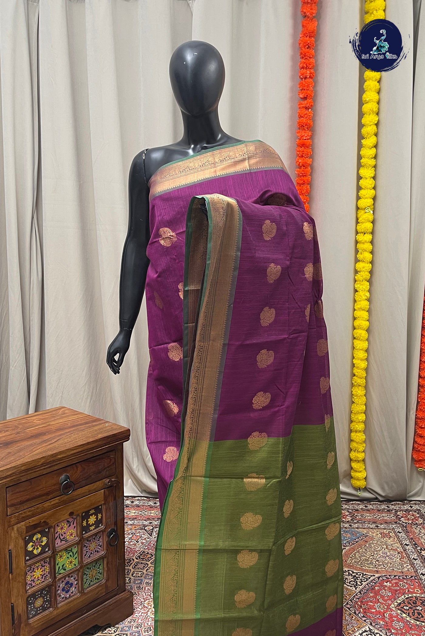 Purple Raw Silk Saree With Zari Buttas Pattern