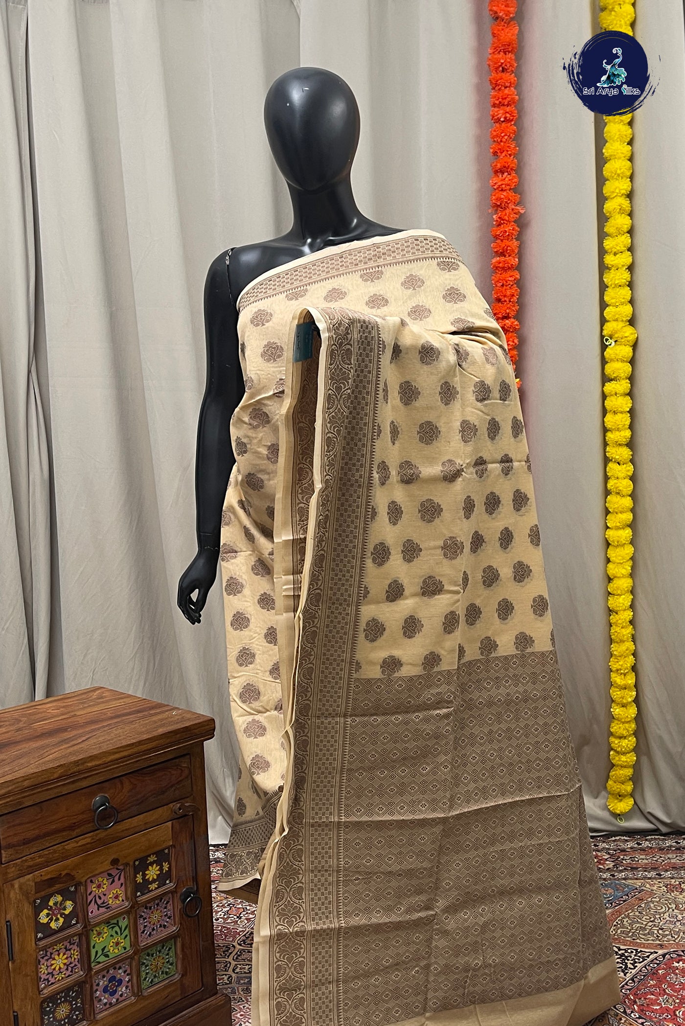 Creamish Yellow Katan Silk With Buttas Pattern