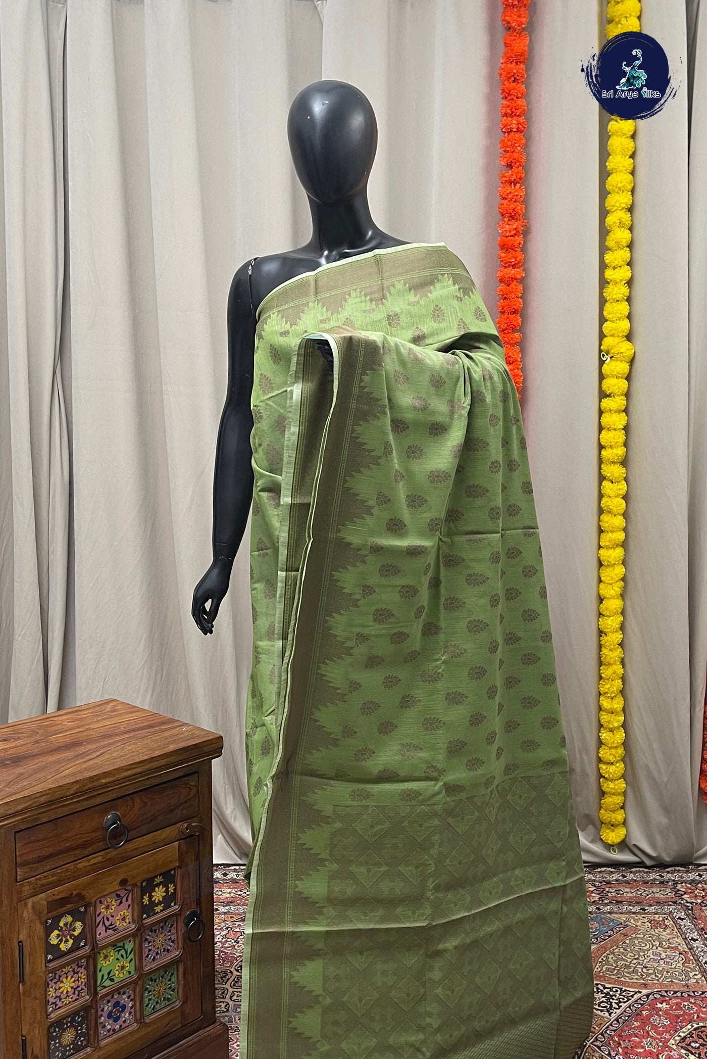 Green Katan Silk With Buttas Pattern