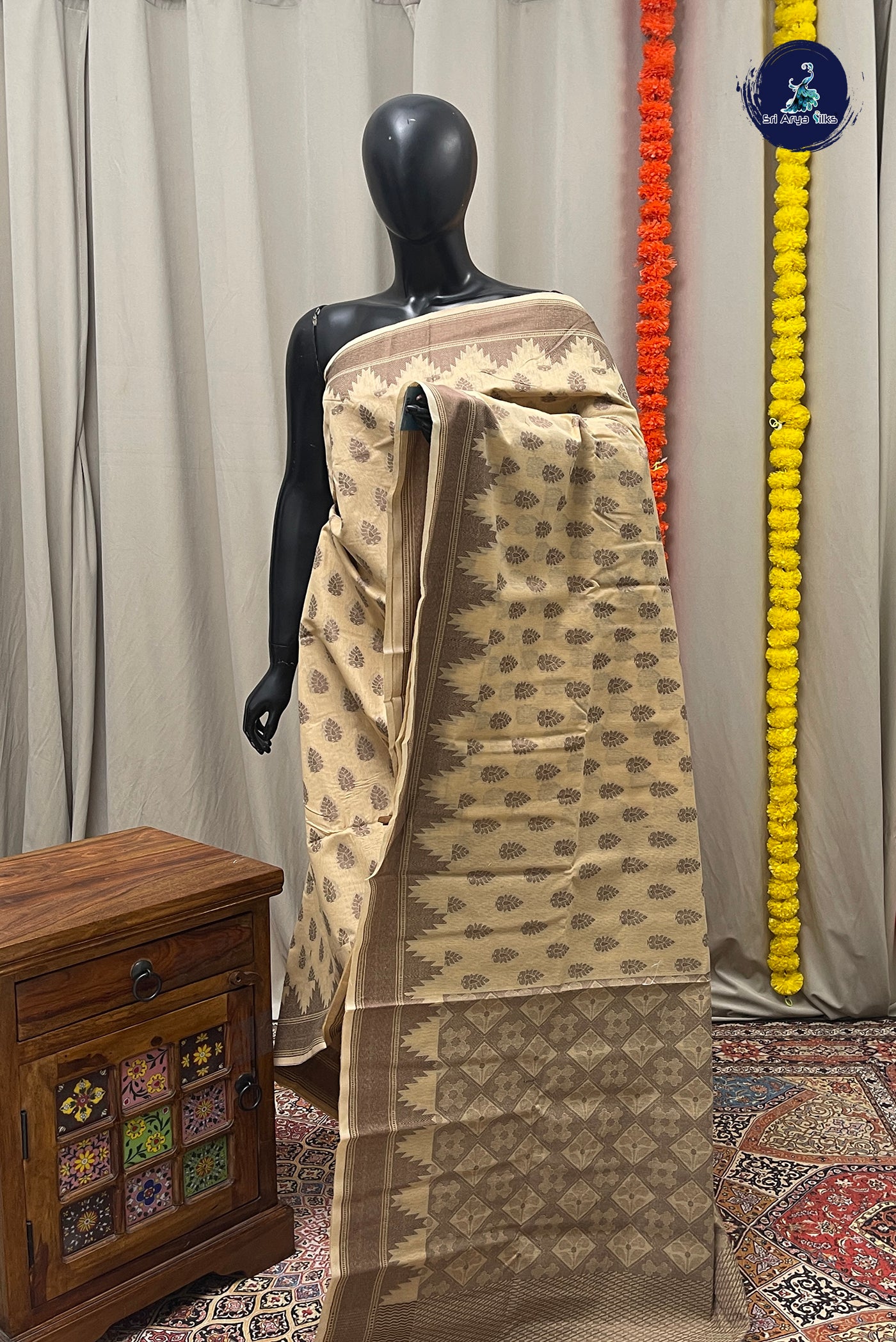 Creamish Yellow Katan Silk With Buttas Pattern