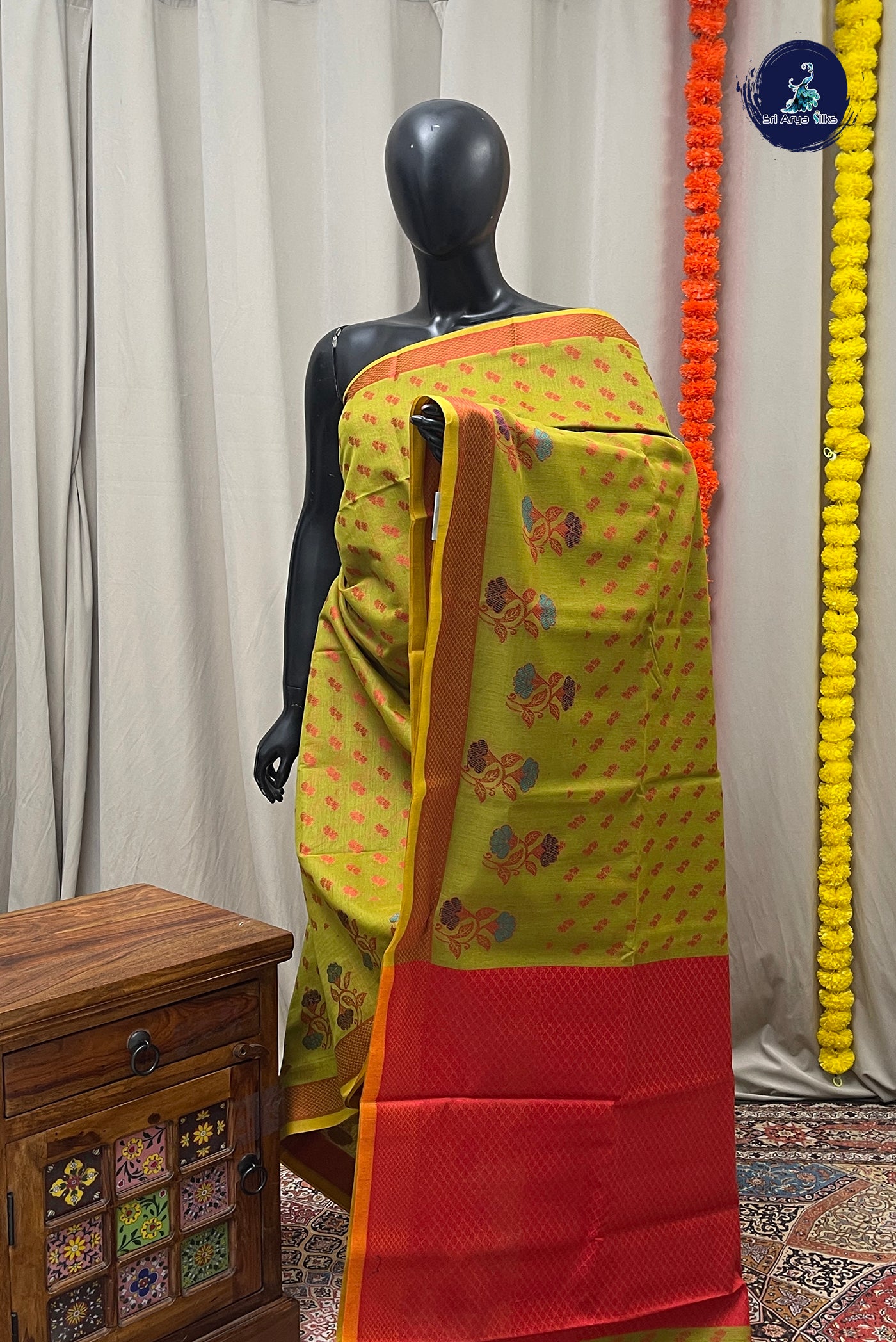 Mehendi Green Katan Silk With Buttas Pattern