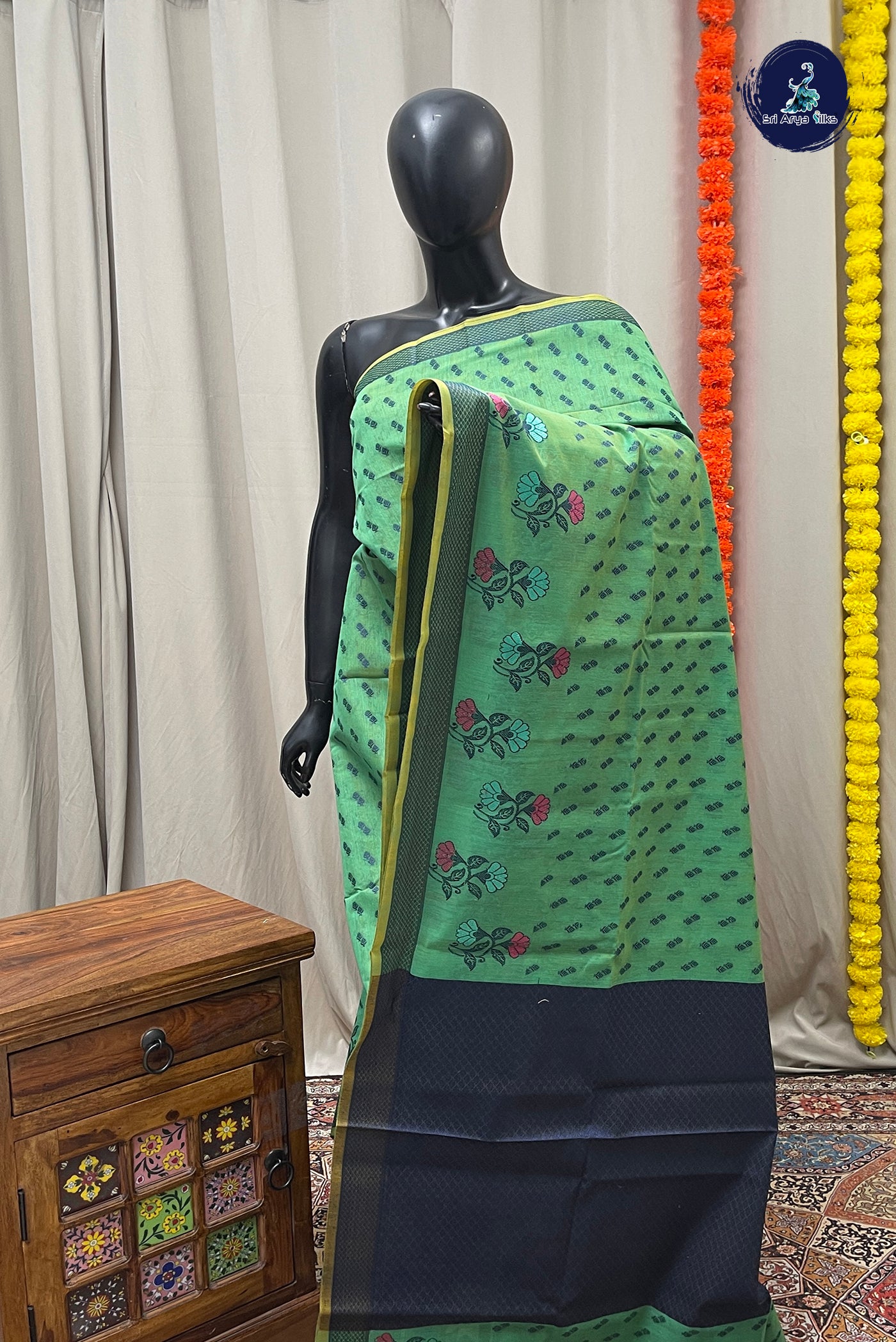 Green Katan Silk With Buttas Pattern
