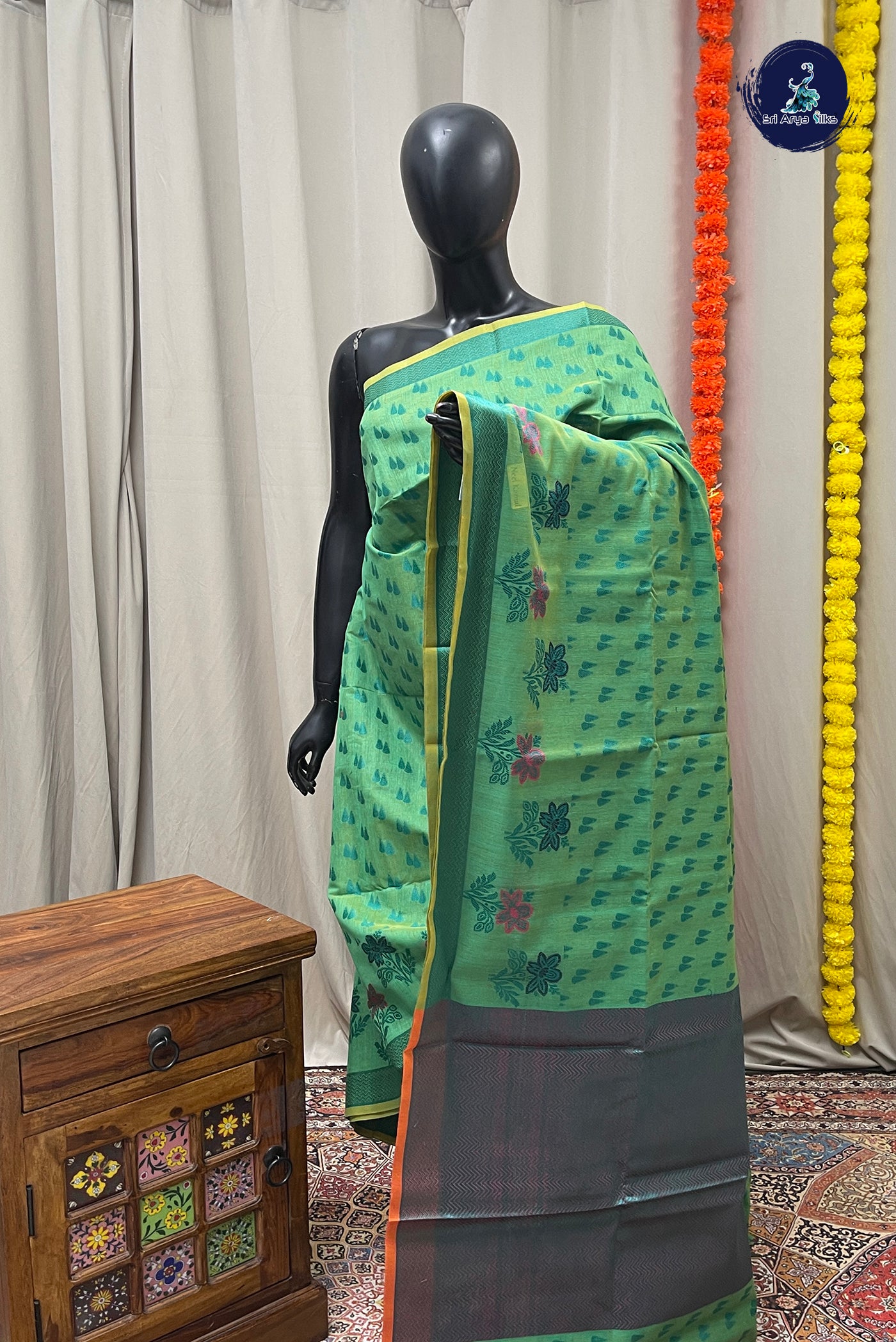 Green Katan Silk With Buttas Pattern