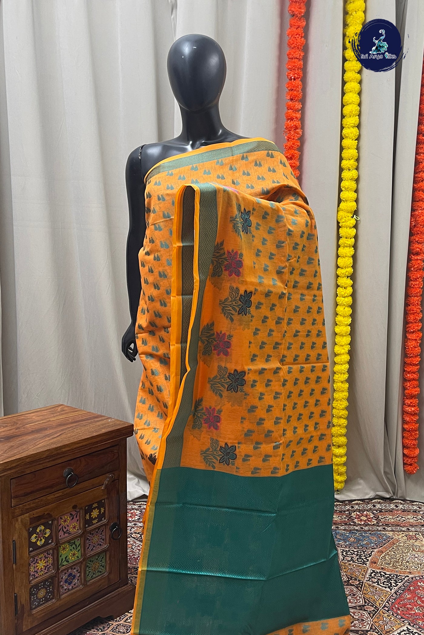 Orange Katan Silk With Buttas Pattern