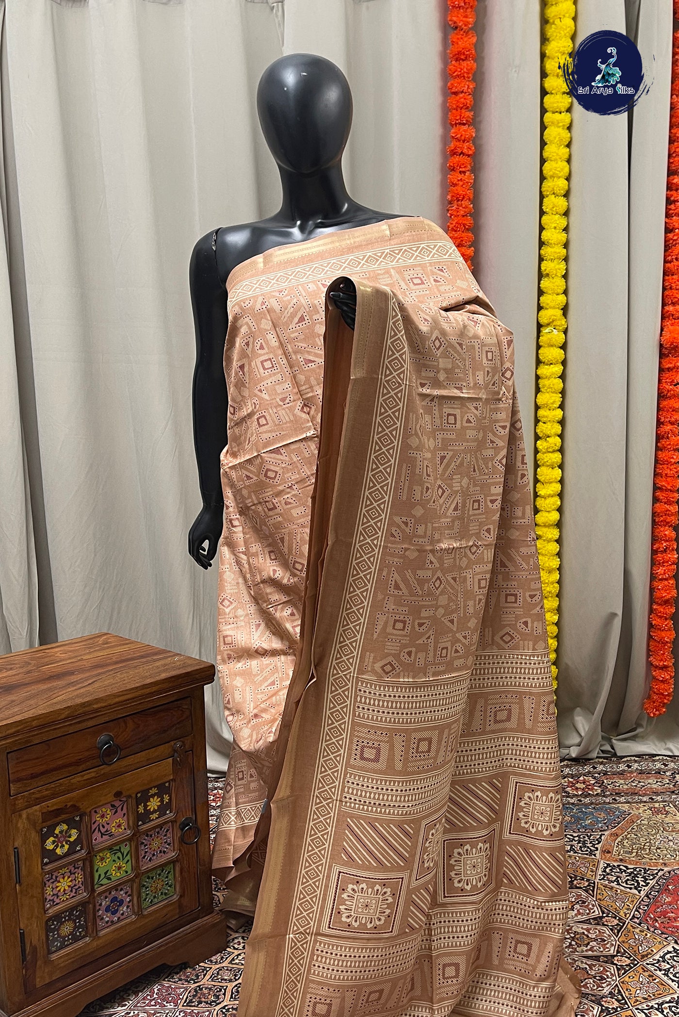 Peach Semi Crepe Silk Saree With Printed Pattern