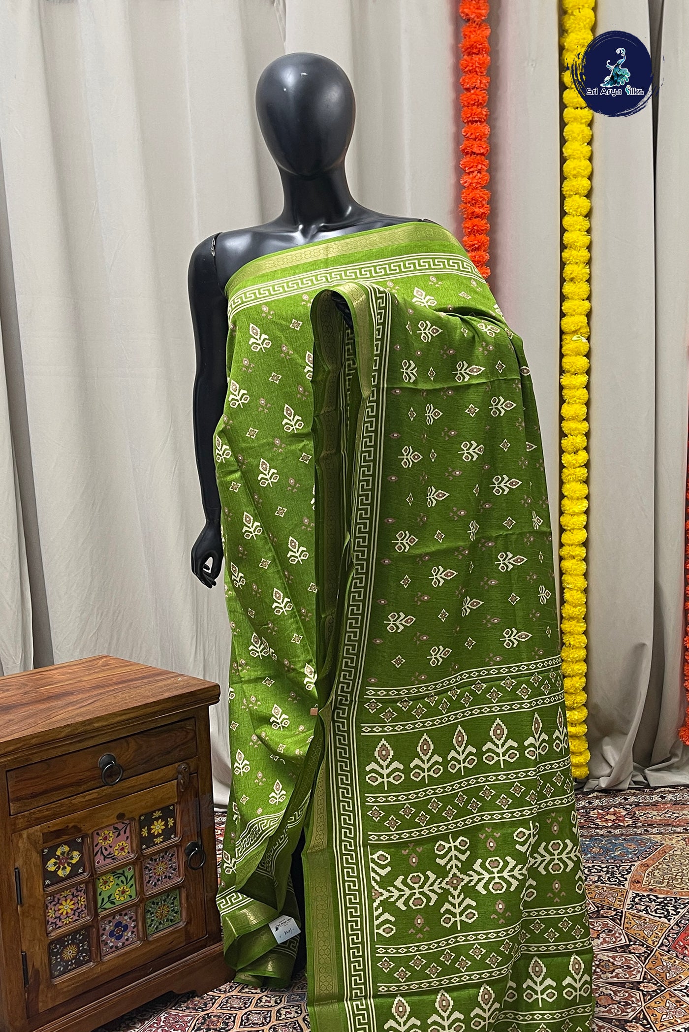 Green Semi Crepe Silk Saree With Printed Pattern