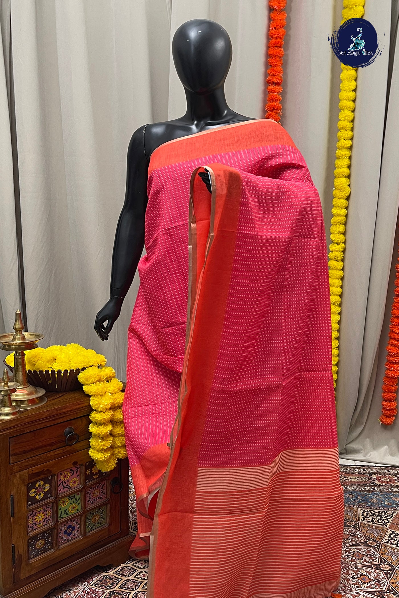Pink Linen Saree With Printed Pattern