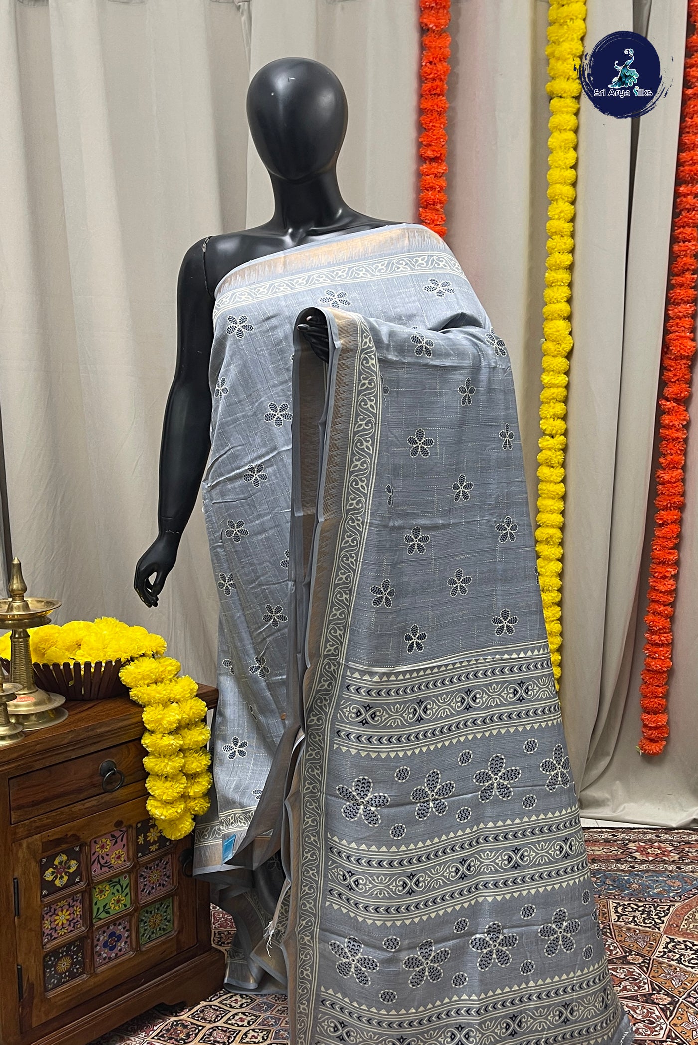 Bluish Grey Semi Crepe Silk Saree With Printed Pattern