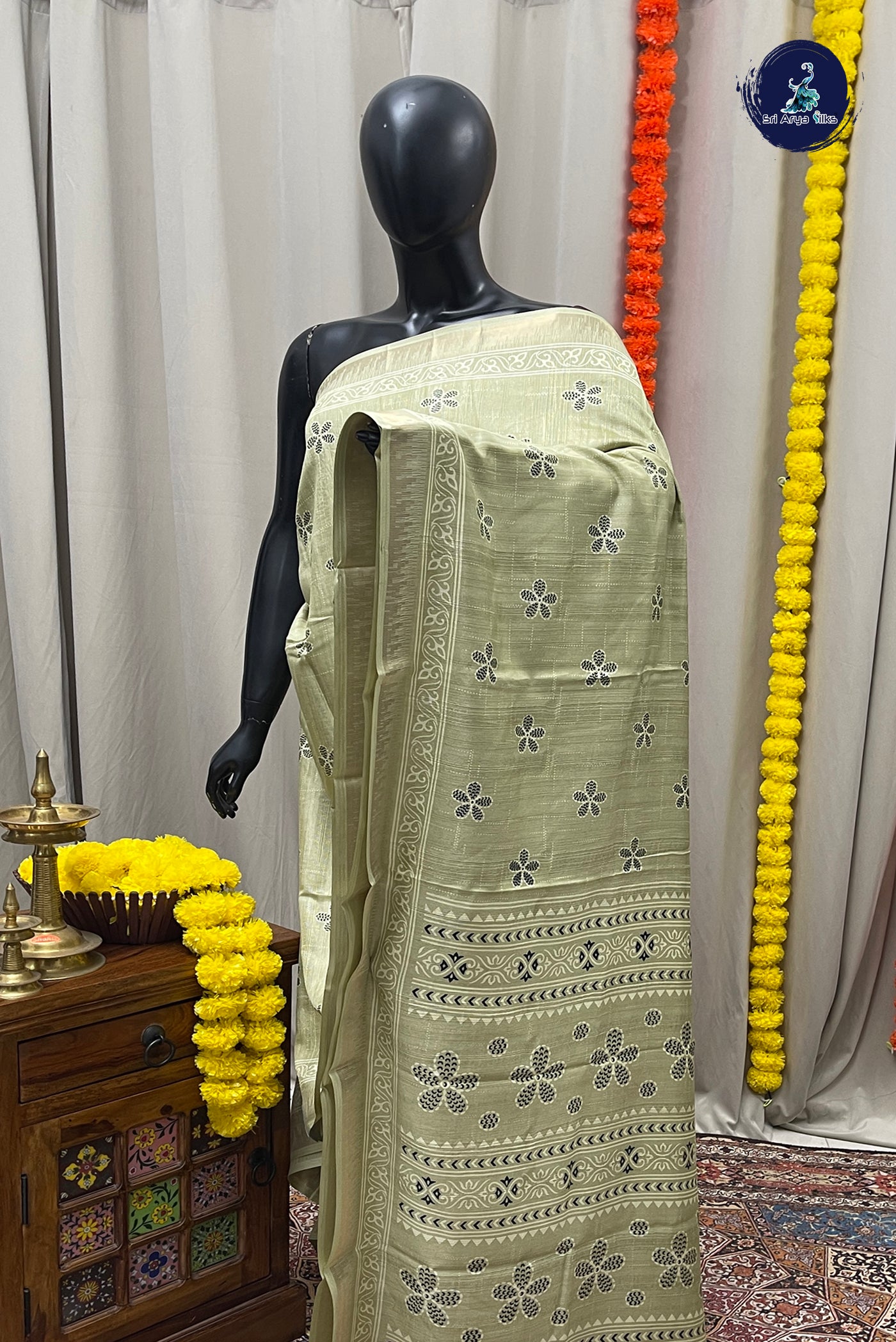 Pista Green Semi Crepe Silk Saree With Printed Pattern