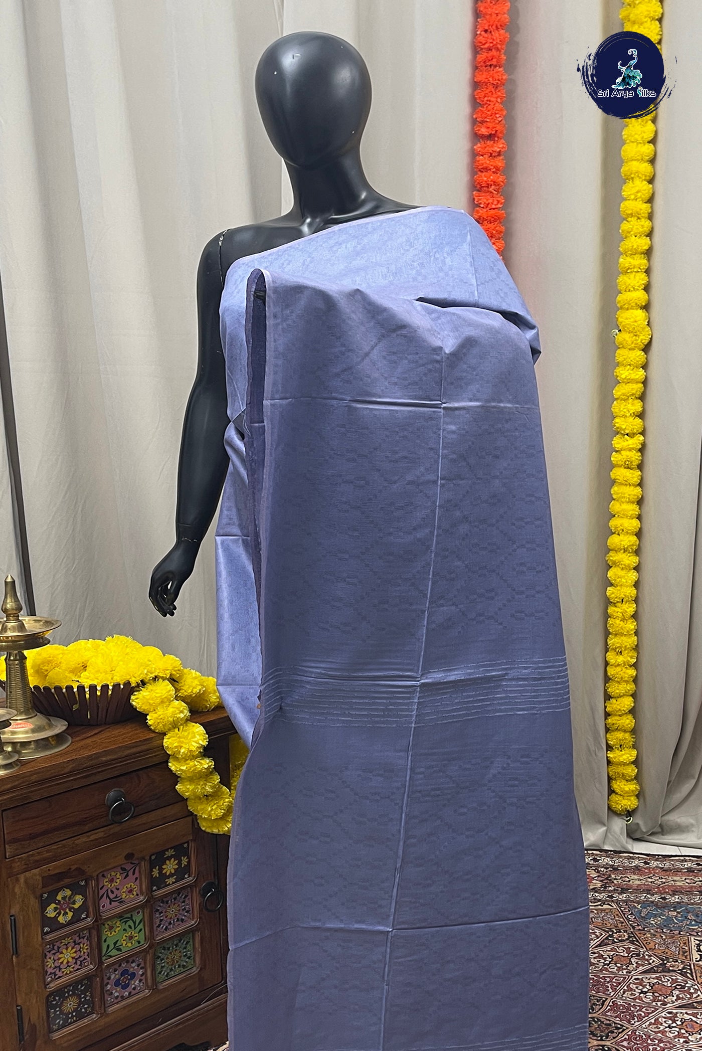 Bluish Grey Baswada Saree With Embossed Pattern