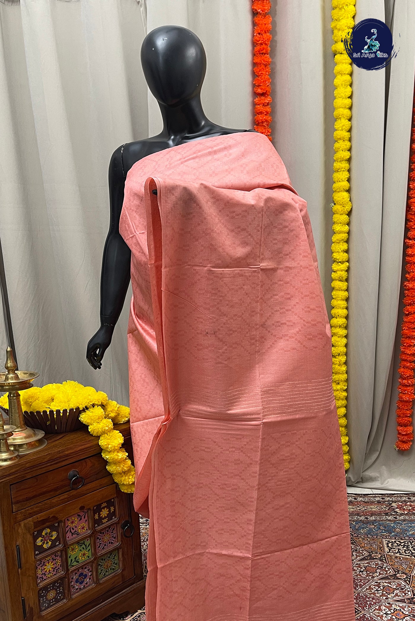 Peach Pink Baswada Saree With Embossed Pattern