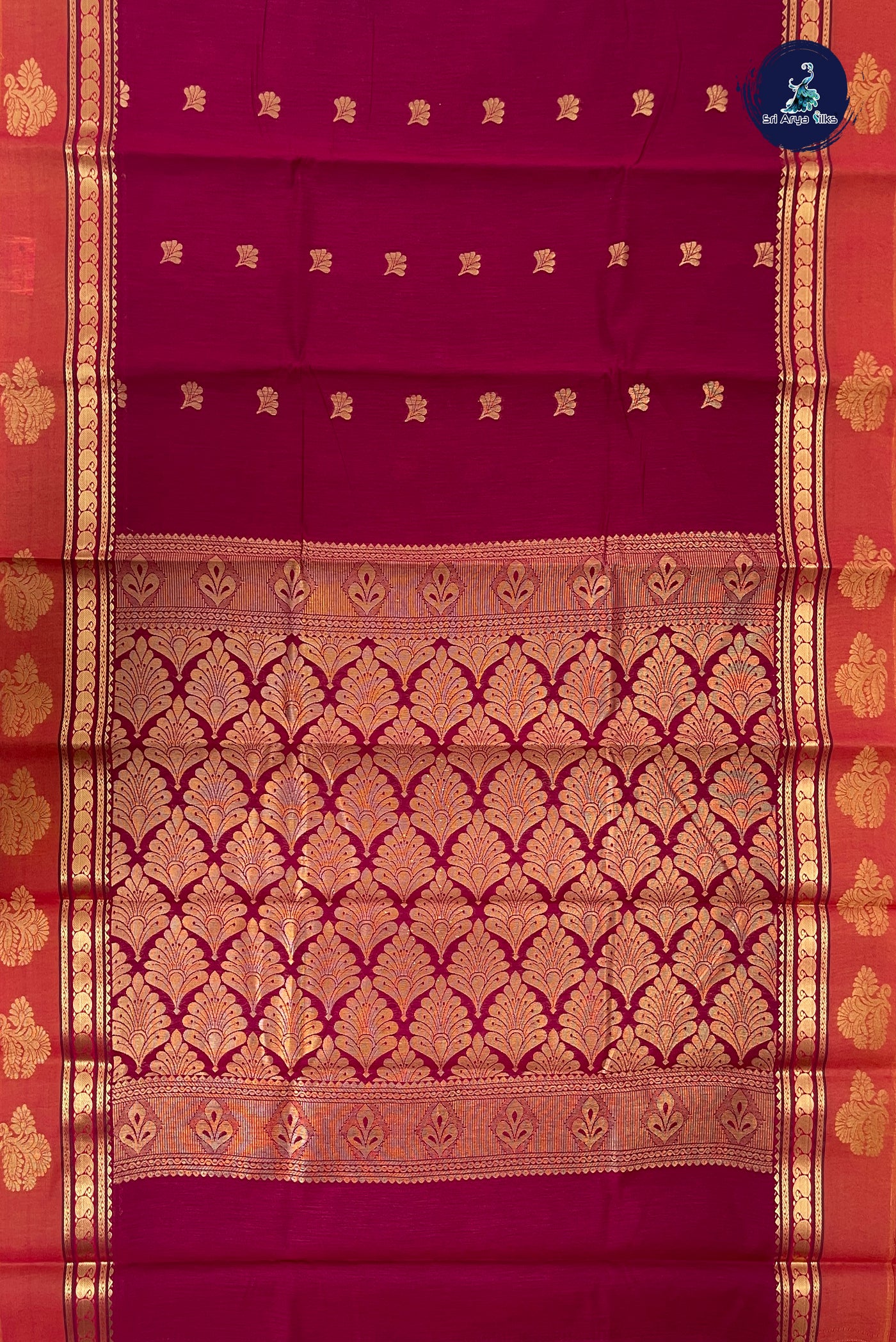 Magenta Budget Semi Silk Cotton Saree With Zari Buttas Pattern