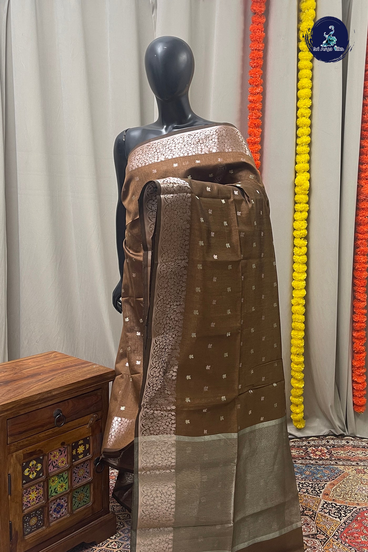 Honey Brown Tissue Banarasi Saree With Zari Buttas Pattern