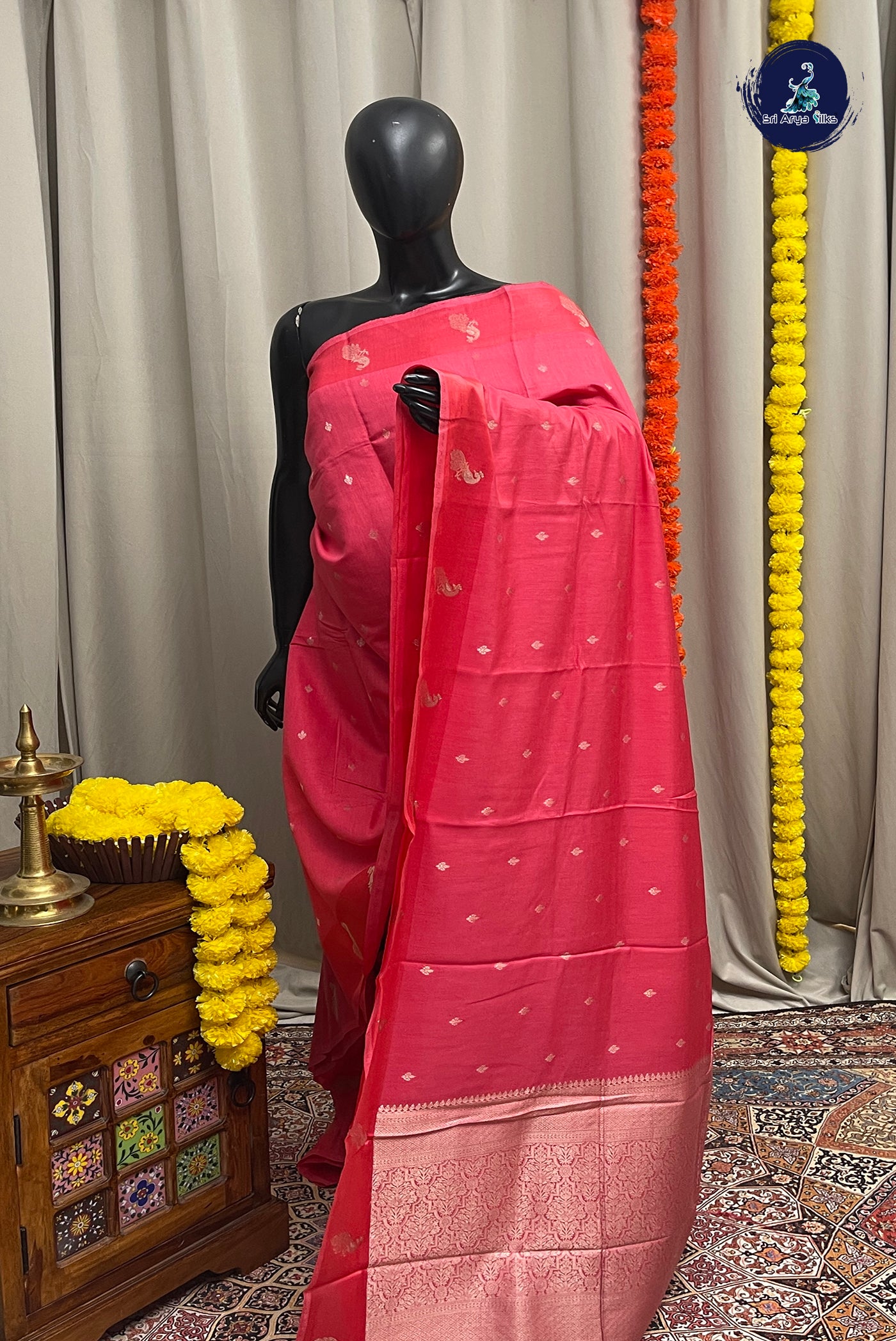 Pink Semi Banarasi Saree With Zari Buttas Pattern