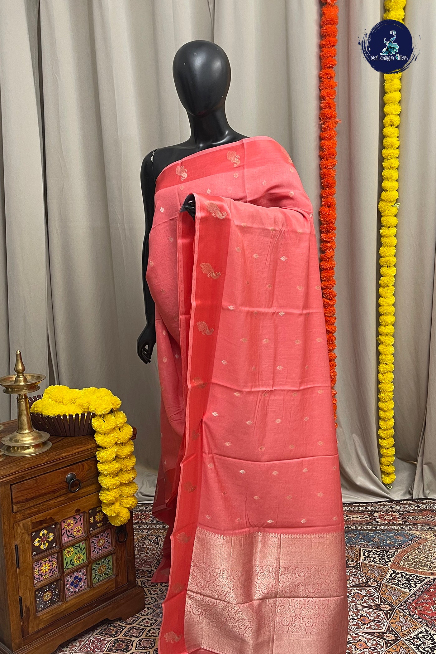 Peach Pink Semi Banarasi Saree With Zari Buttas Pattern