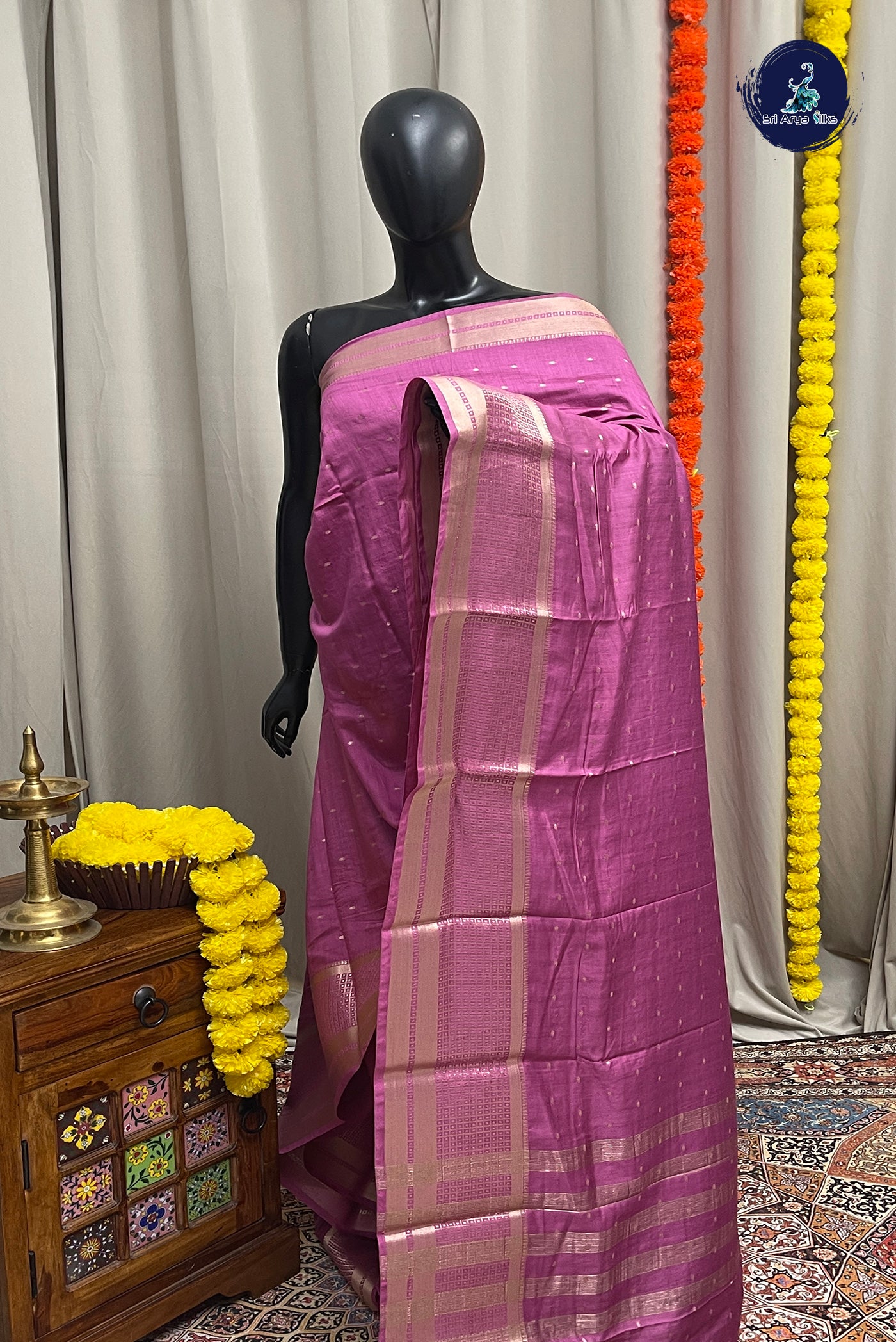 Onion Pink Semi Banarasi Saree With Zari Buttas Pattern