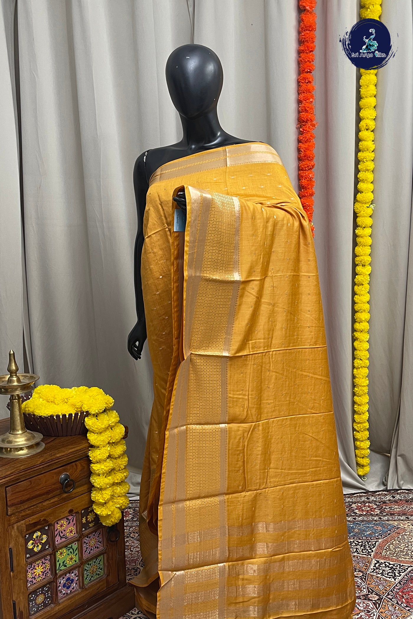 Mustard Yellow Semi Banarasi Saree With Zari Buttas Pattern