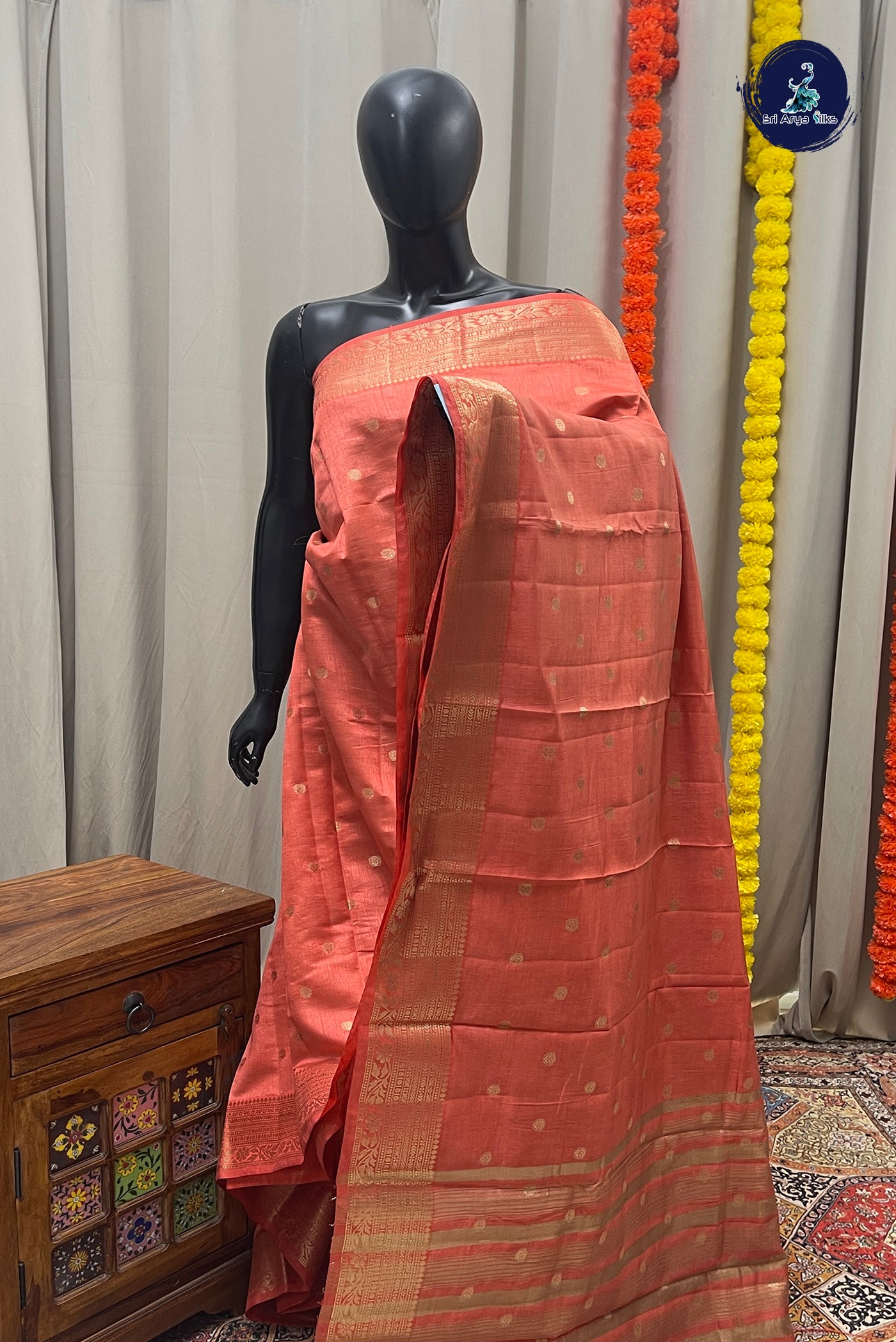 Peach Semi Tussar Saree With Zari Buttas Pattern