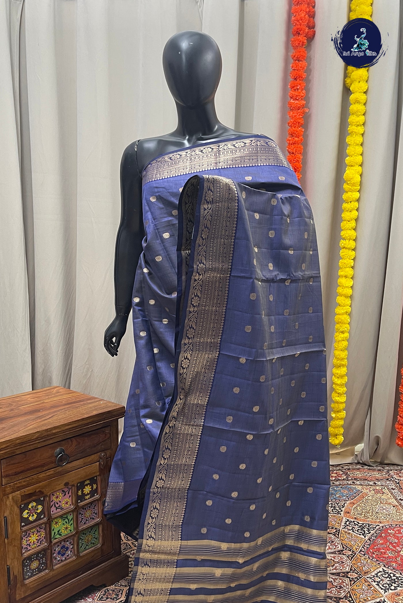 Blue Semi Tussar Saree With Zari Buttas Pattern
