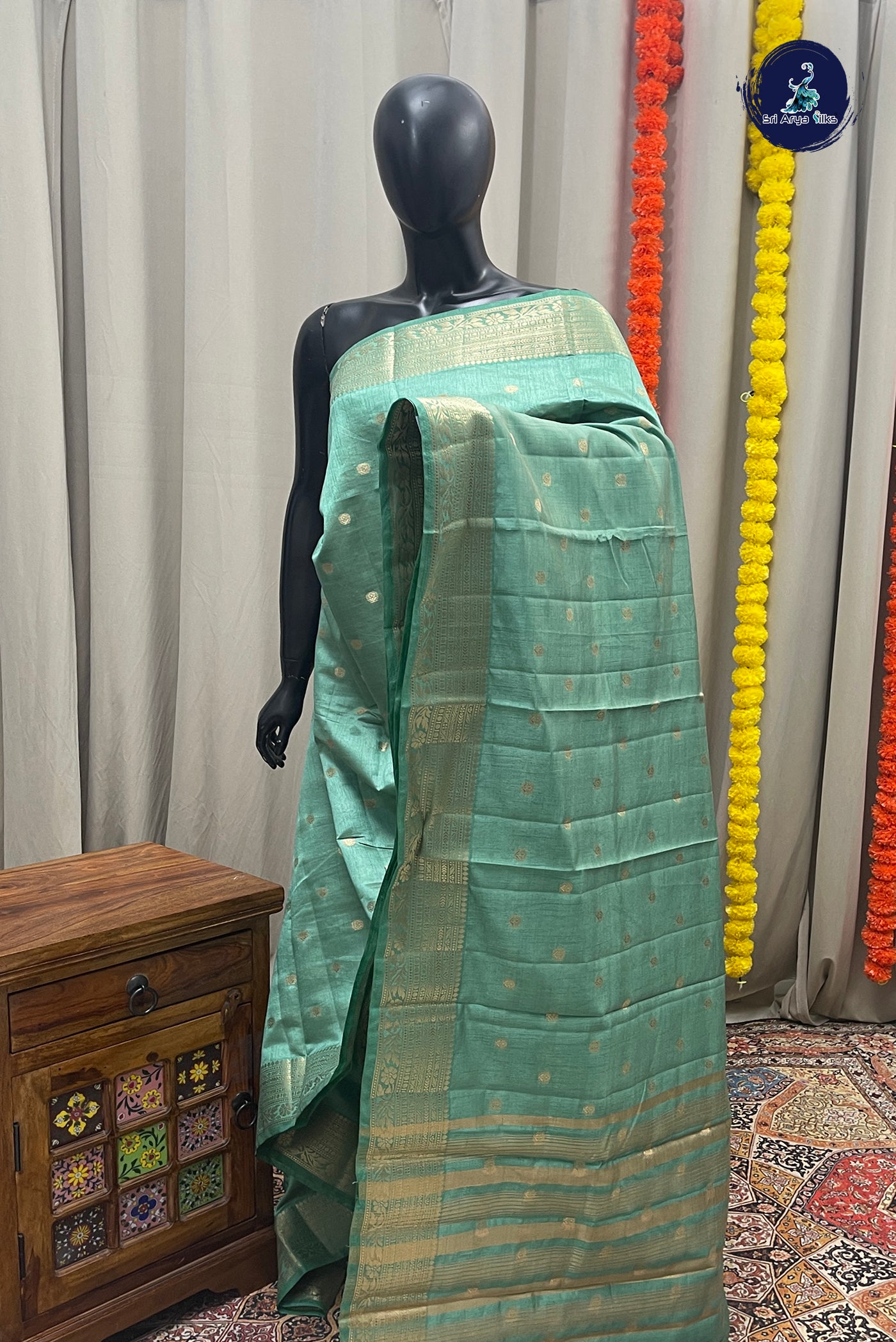 Pastel Green Semi Tussar Saree With Zari Buttas Pattern