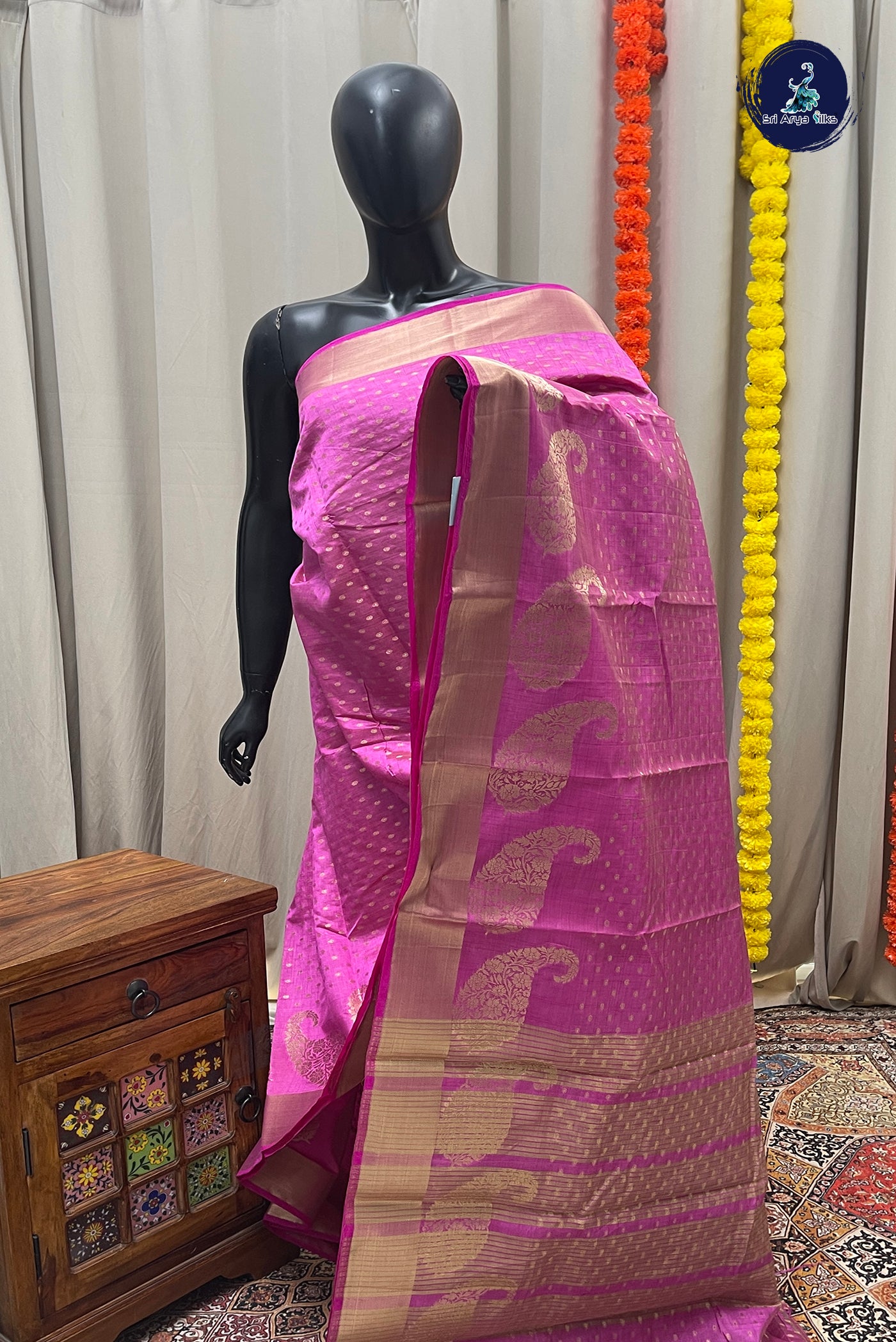 Pink Semi Tussar Saree With Zari Buttas Pattern