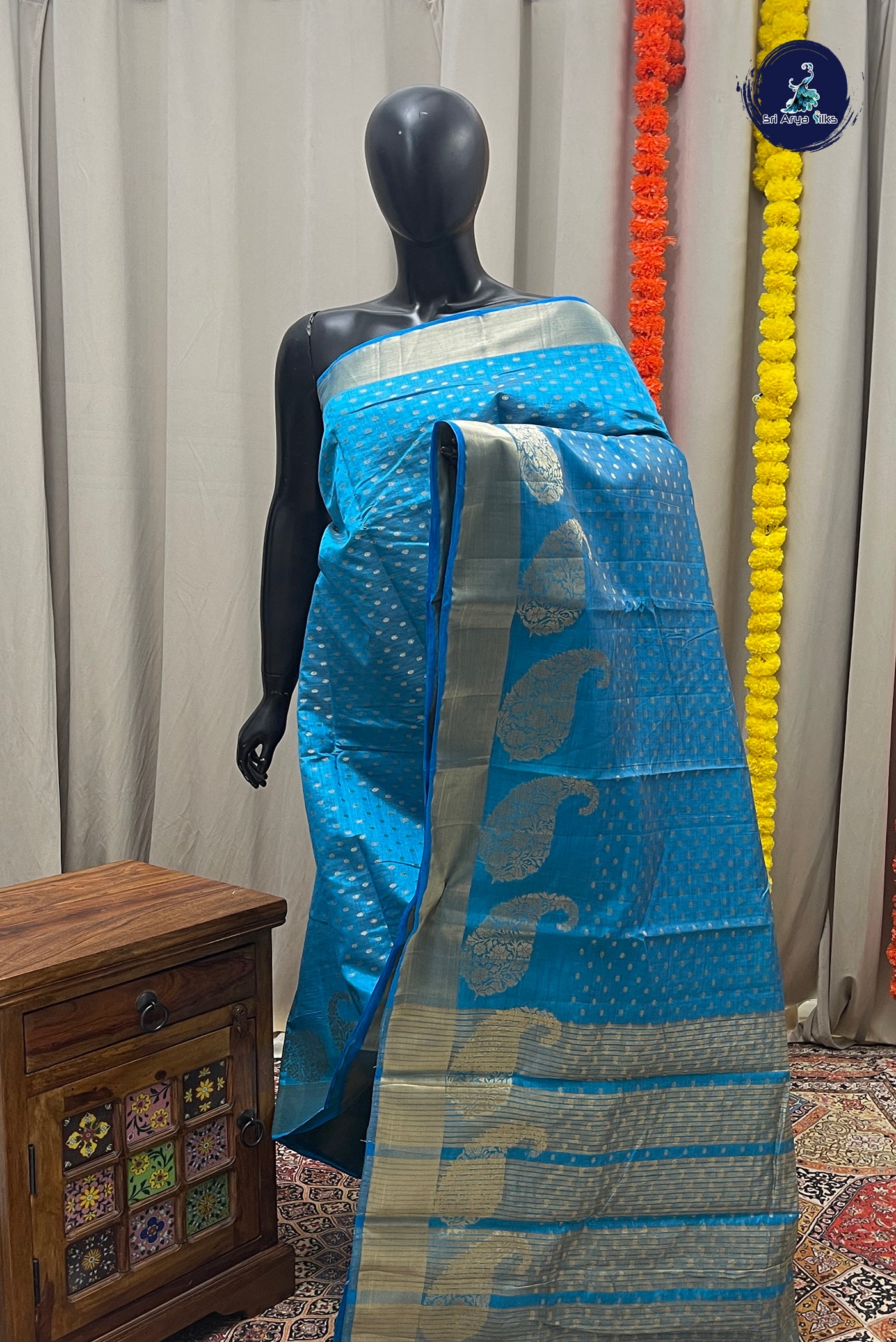 Blue Semi Tussar Saree With Zari Buttas Pattern