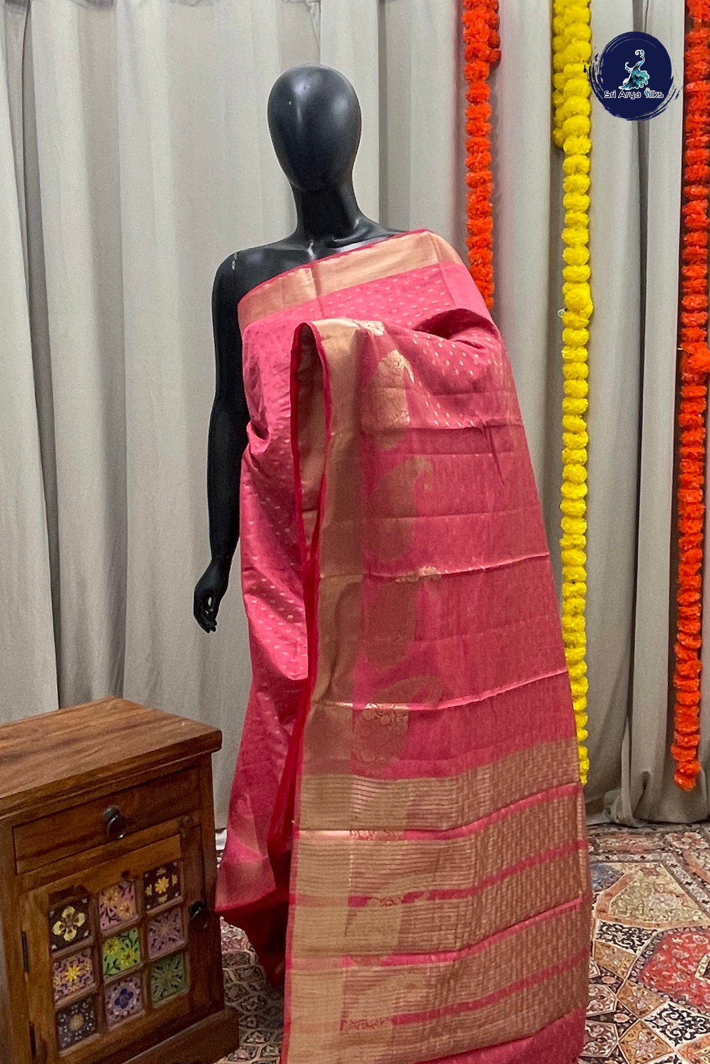 Pink Semi Tussar Saree With Zari Buttas Pattern
