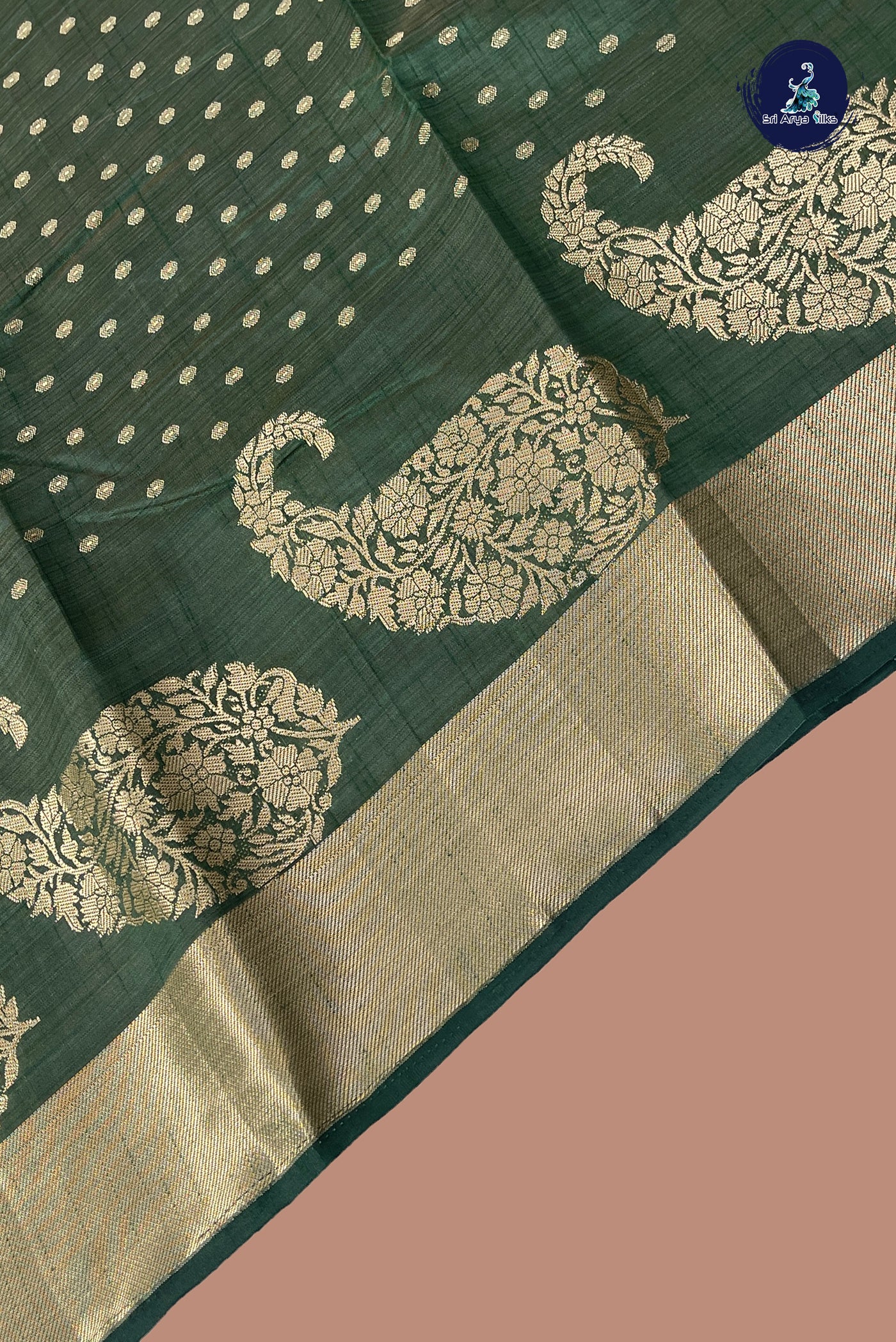 Dark Green Semi Tussar Saree With Zari Buttas Pattern