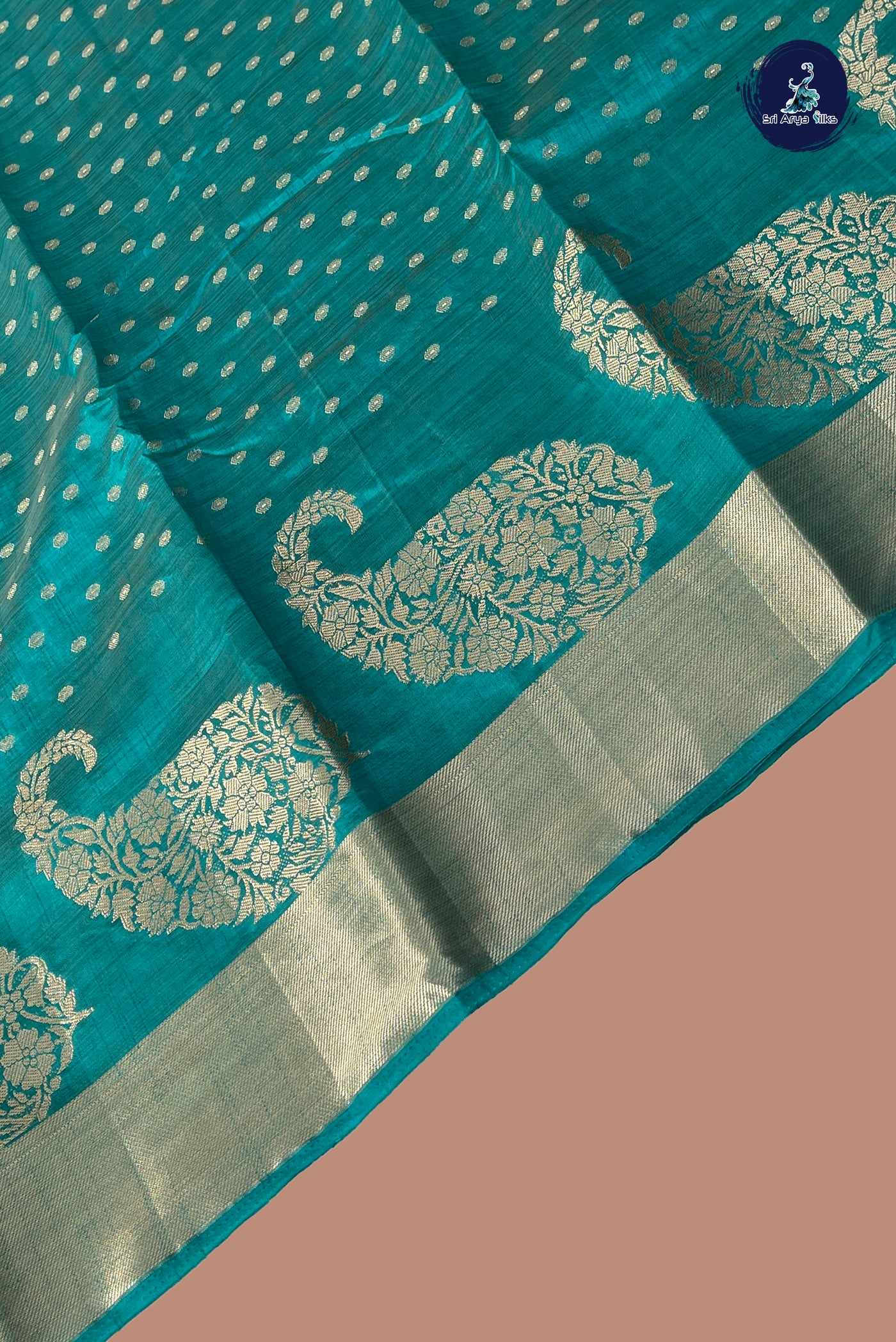 Teal Semi Tussar Saree With Zari Buttas Pattern