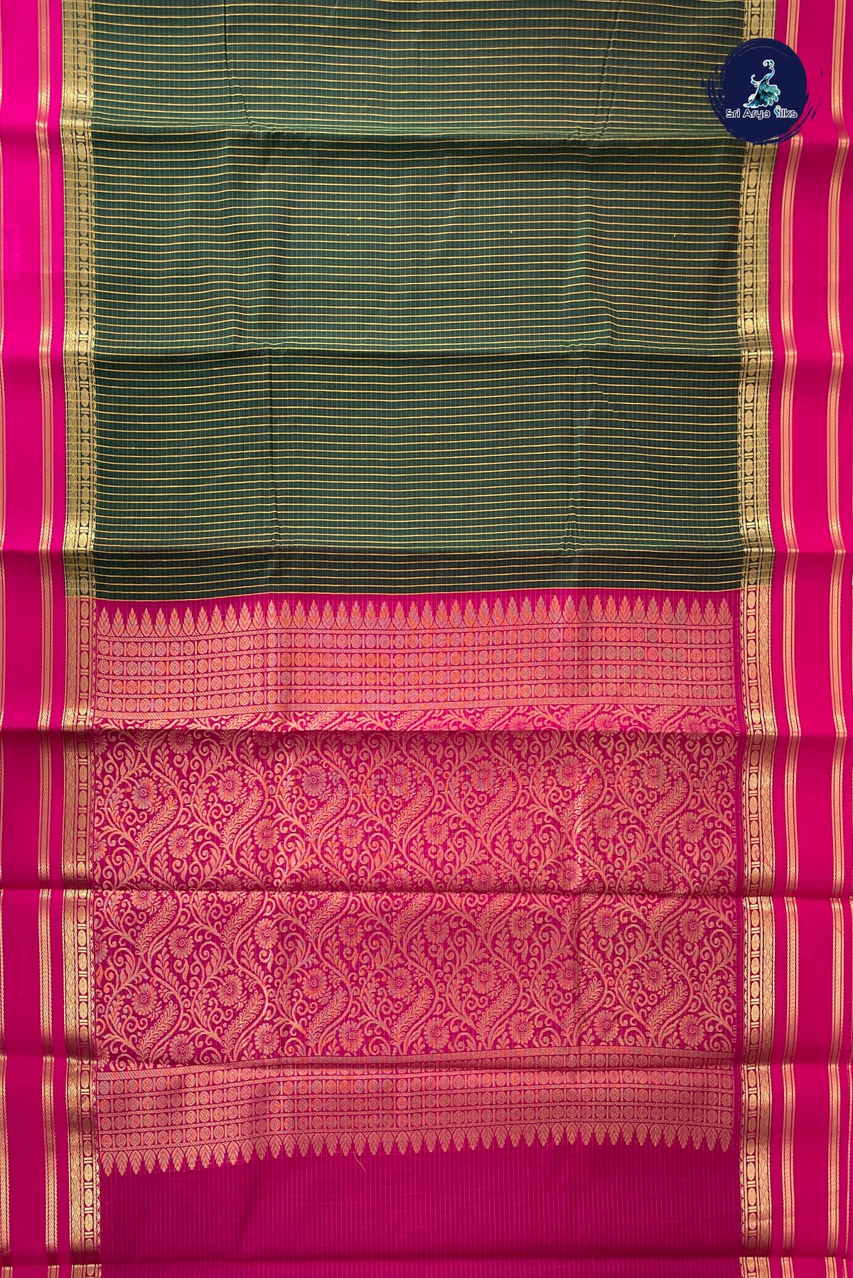 Bottle Green Budget Semi Silk Cotton Saree With Checked Pattern