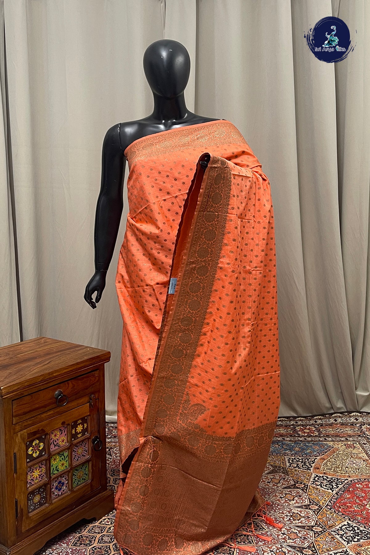 Peach Semi Tussar Saree With Zari Buttas Pattern