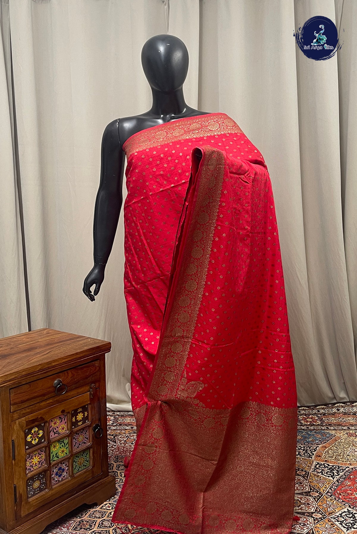 Red Semi Tussar Saree With Zari Buttas Pattern