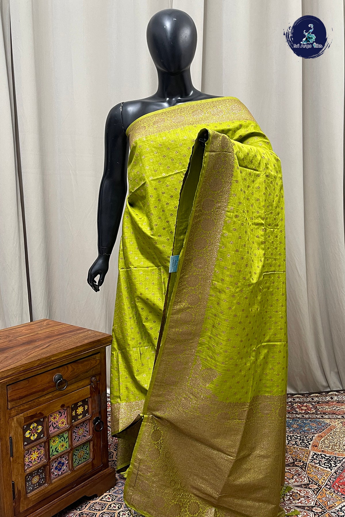 Green Semi Tussar Saree With Zari Buttas Pattern