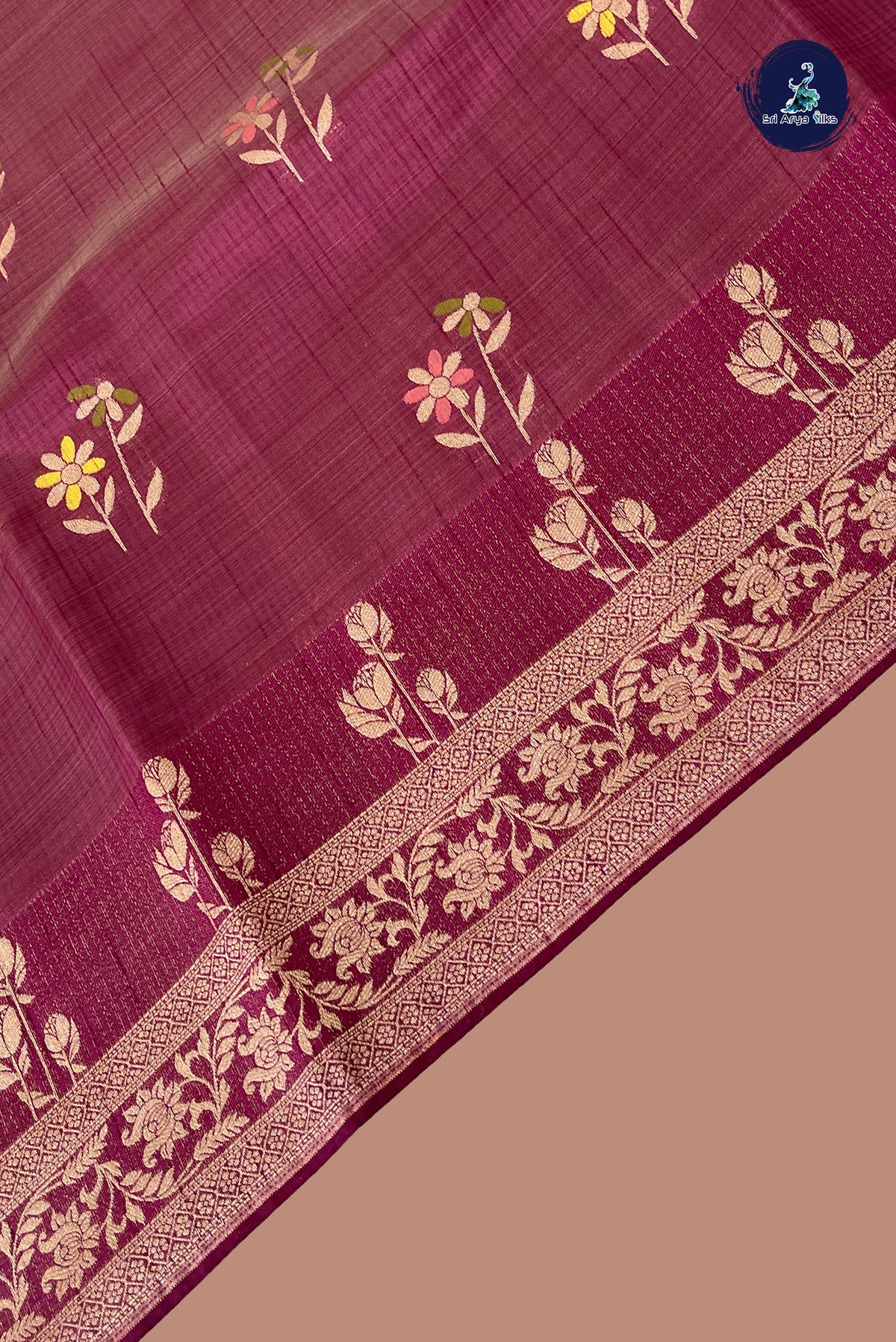 Dual Tone Wine Semi Tussar Saree With Zari Buttas Pattern