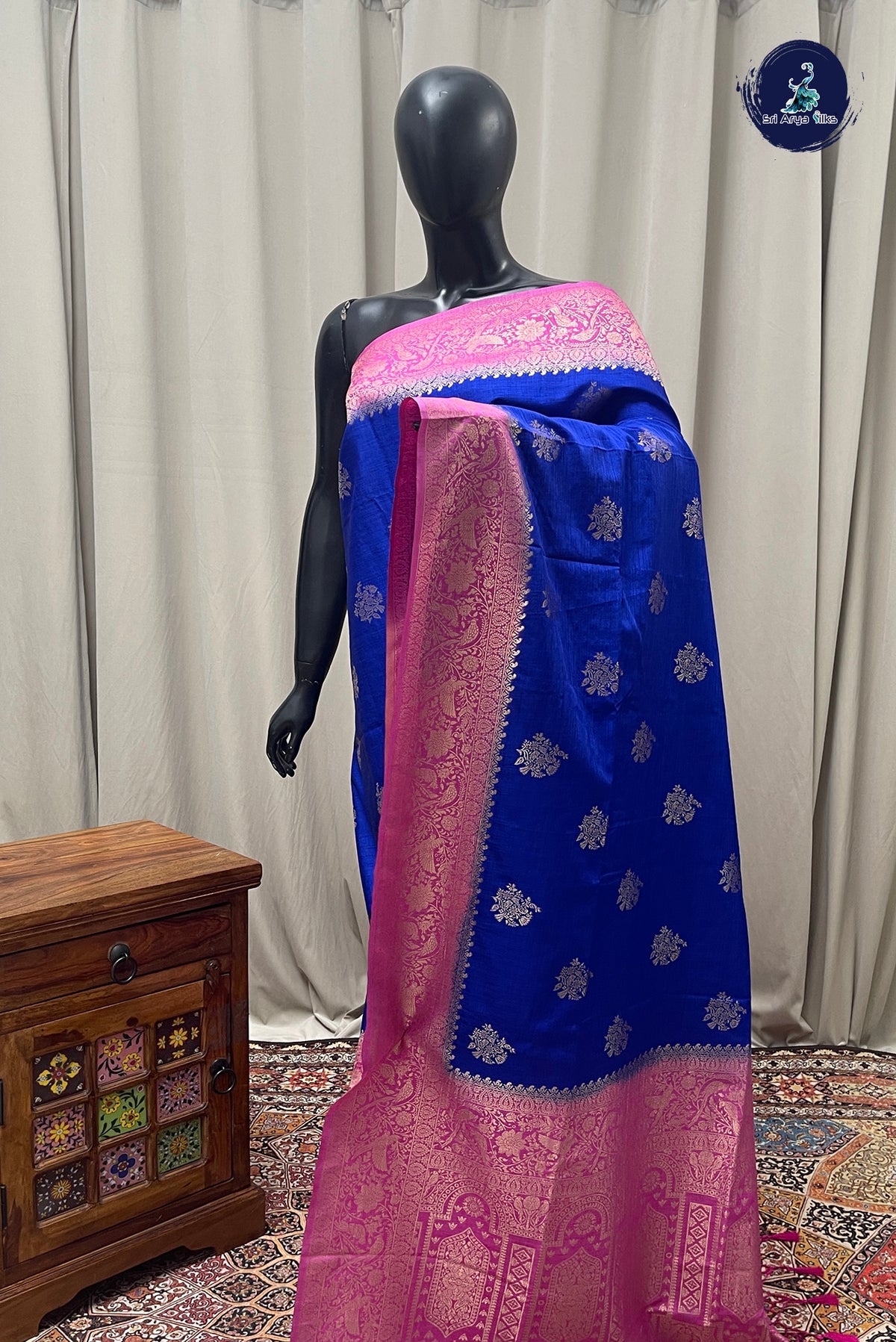 Ink Blue Semi Raw Silk Saree With Zari Buttas Pattern