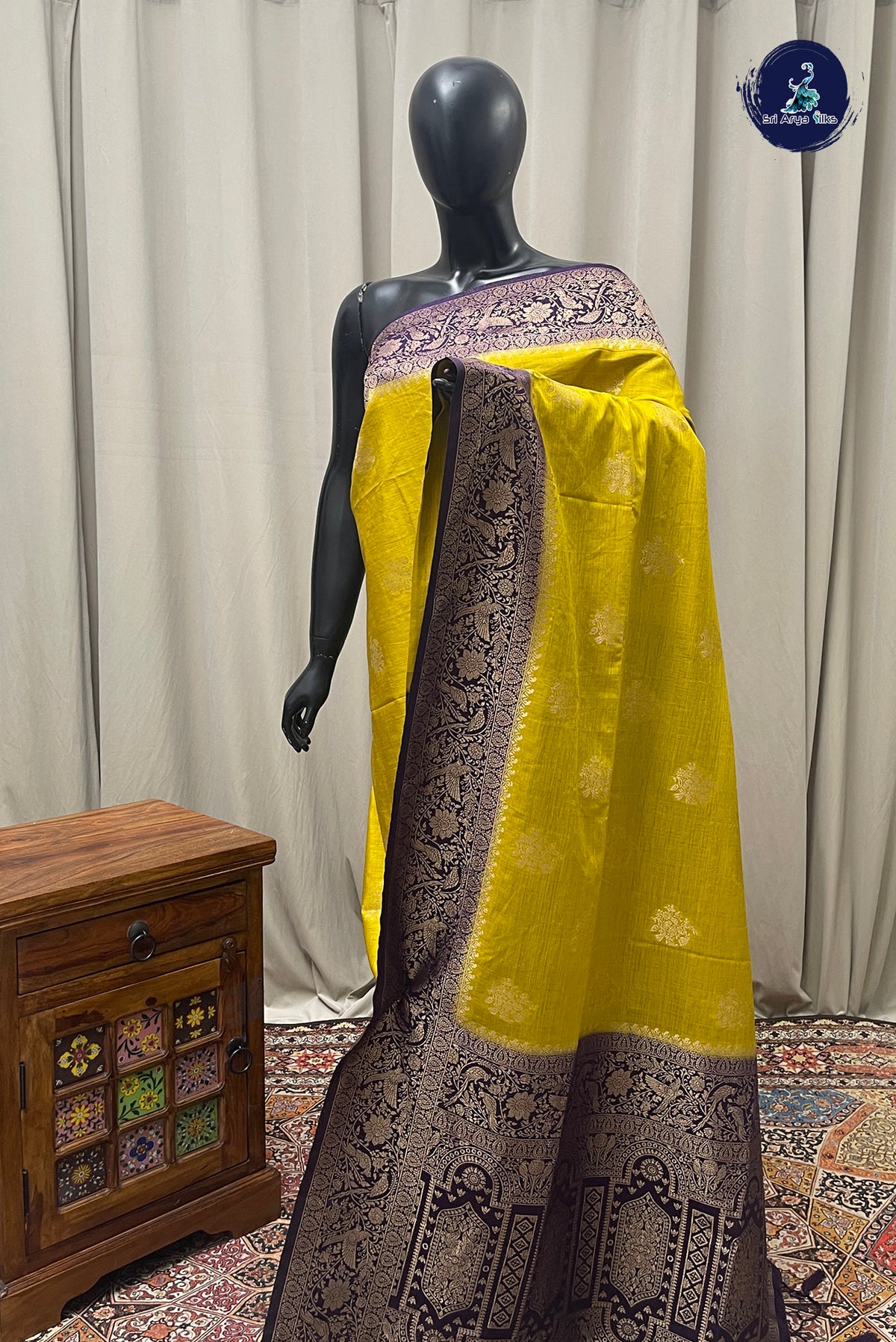 Mustard Yellow Semi Raw Silk Saree With Zari Buttas Pattern