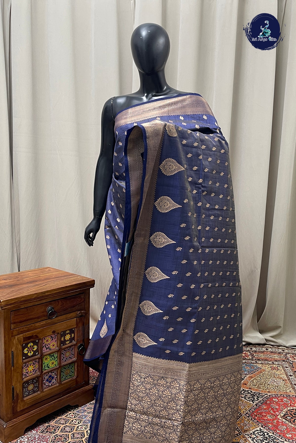 Dark Blue Semi Tussar Saree With Zari Buttas Pattern
